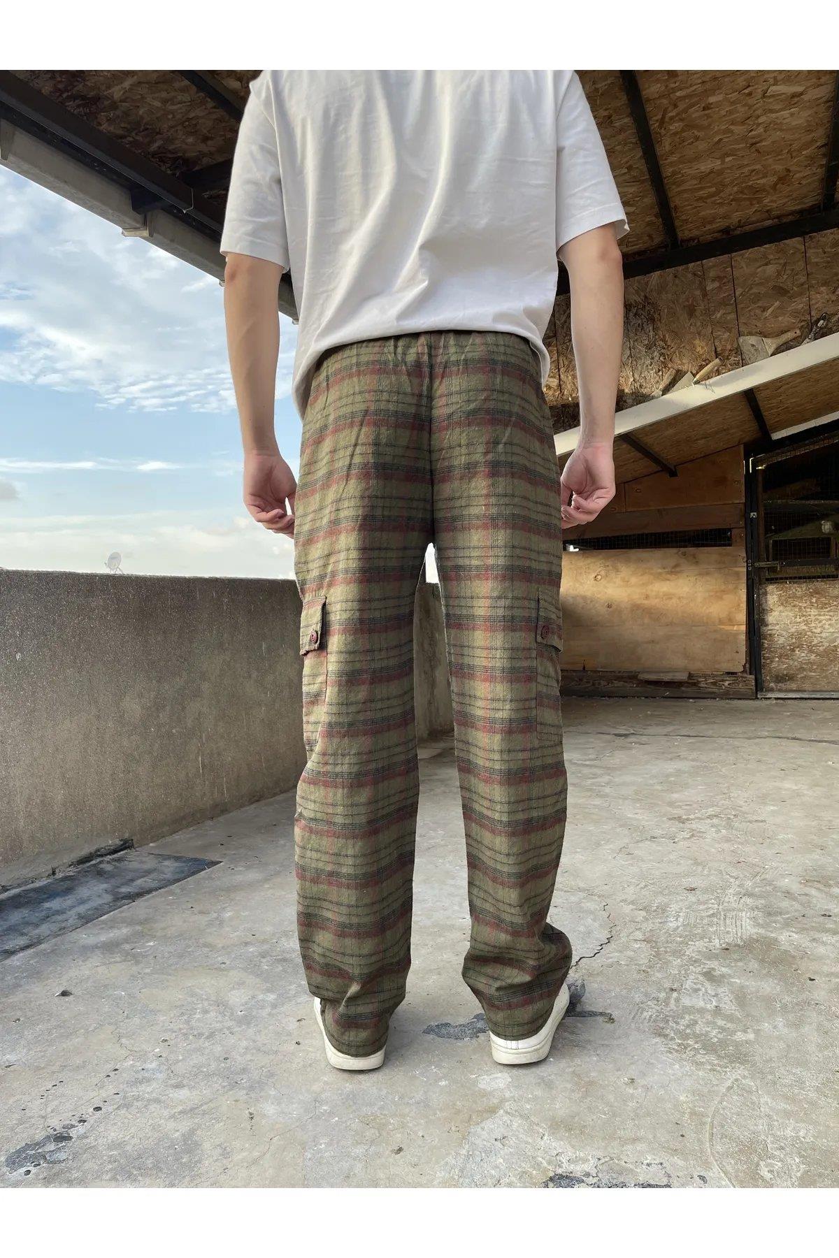 Kare Desenli Kargo Cepli Vintage Unisex Bol Paça Pijama Eşofman Altı