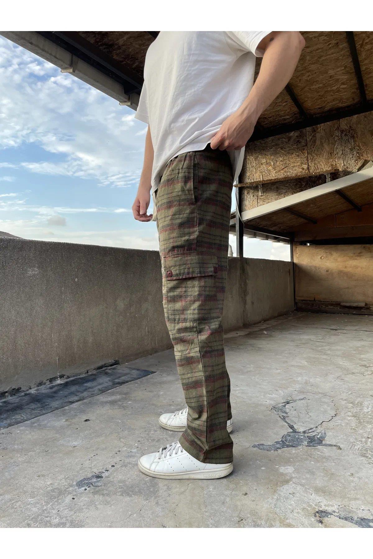 Kare Desenli Kargo Cepli Vintage Unisex Bol Paça Pijama Eşofman Altı