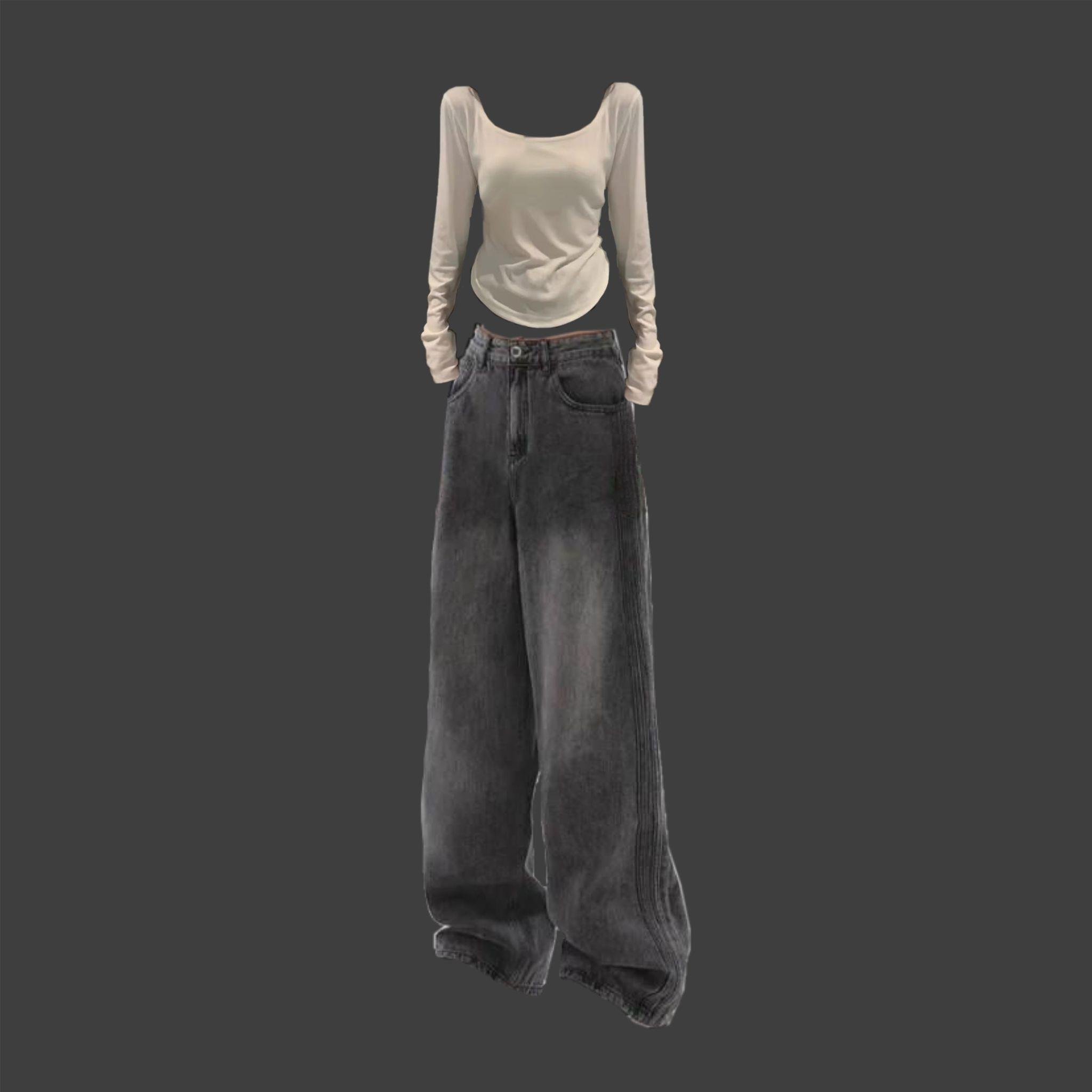 [KOMBİN]SİYAH RETRO JEAN-KREM BASIC CROP
