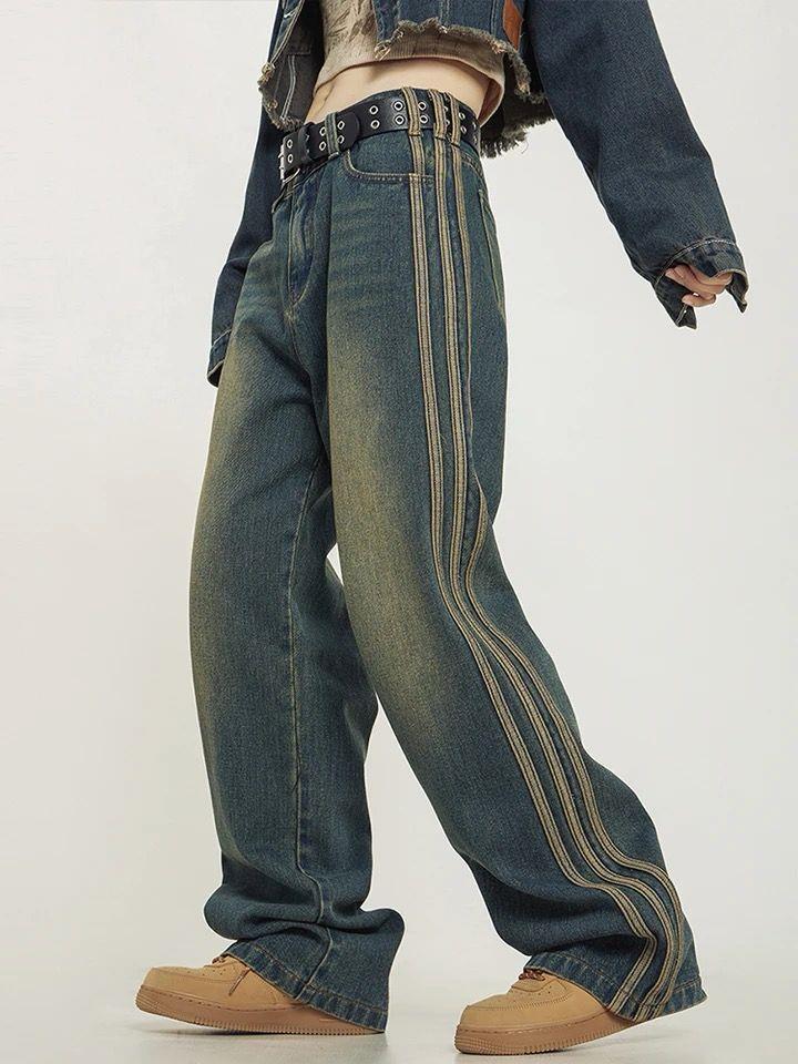 Lacivert Vintage Çizgi Detay Eskitme Baggy Pantolon