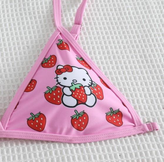 Pembe Çilek Ve Hello Kity Desenli Y2K Bikini Takımı
