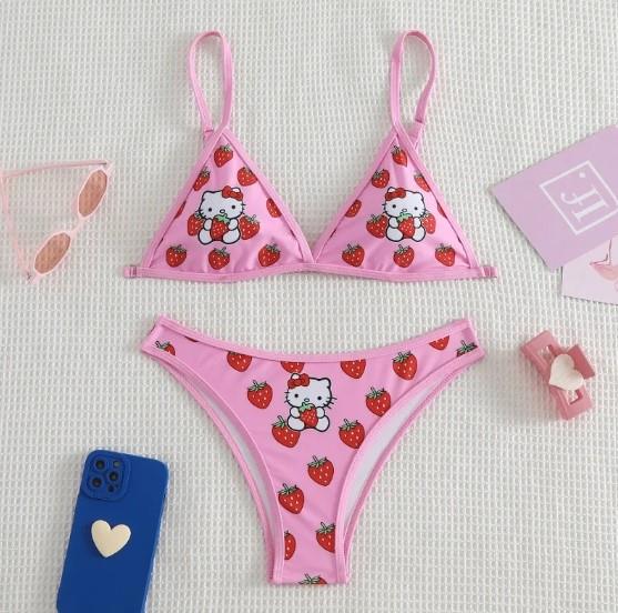 Pembe Çilek Ve Hello Kity Desenli Y2K Bikini Takımı