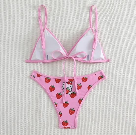 Pembe Çilek Ve Hello Kity Desenli Y2K Bikini Takımı