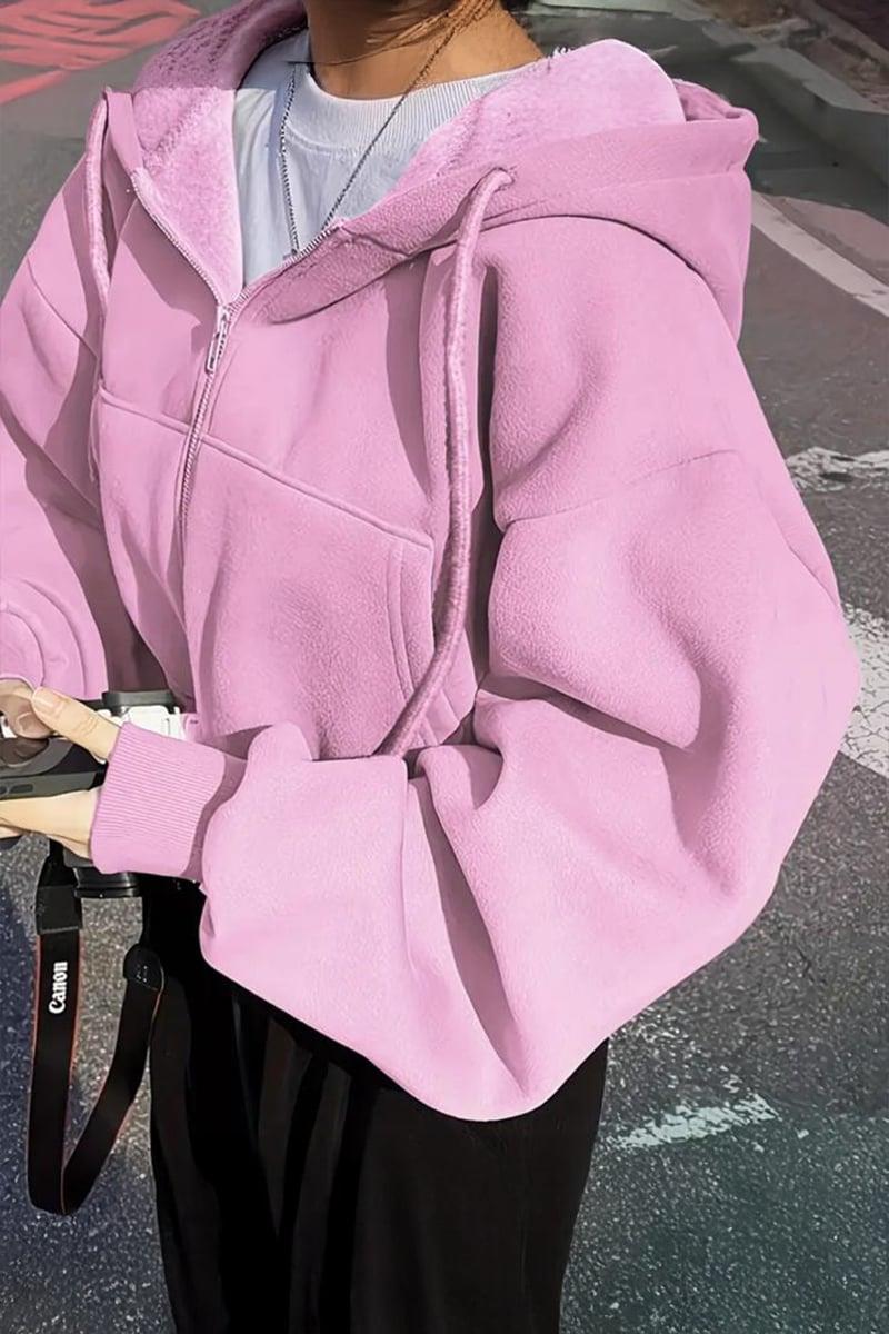 Pembe Crop Top Kalın Kumaş Kapüşonlu Unisex Hırka