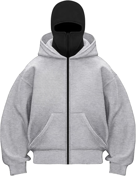 Siyah Maskeli Gri Unisex Kapüşonlu Hırka