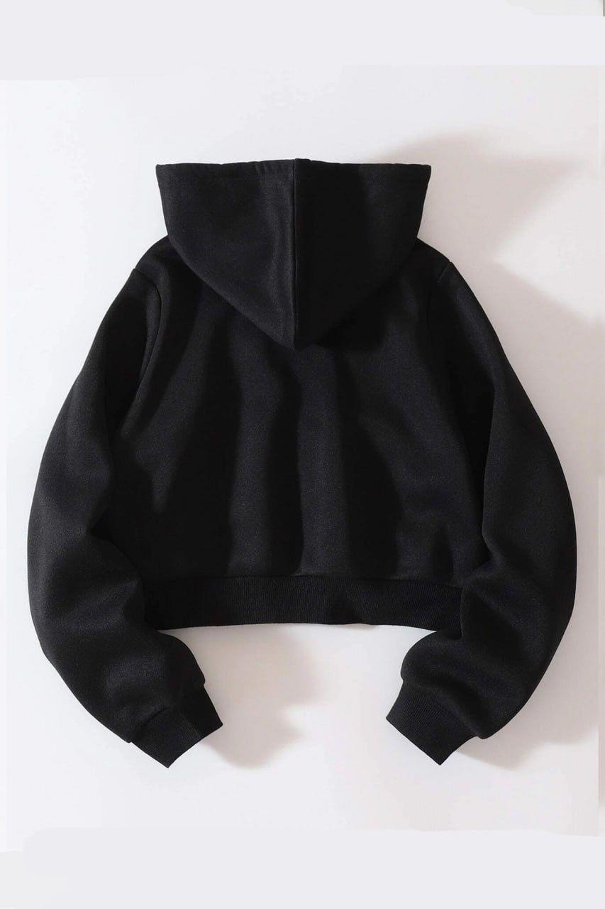 Siyah Mevsimlik Crop-Top Fermuarlı Kapüşonlu