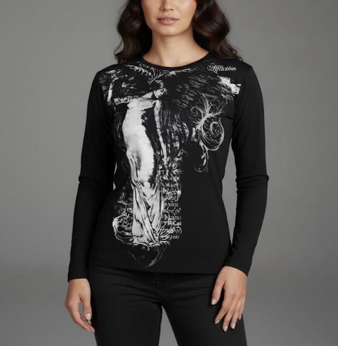 Siyah Vintage Angel Affliction Cyber Grunge Y2K Uzun Kollu Crop