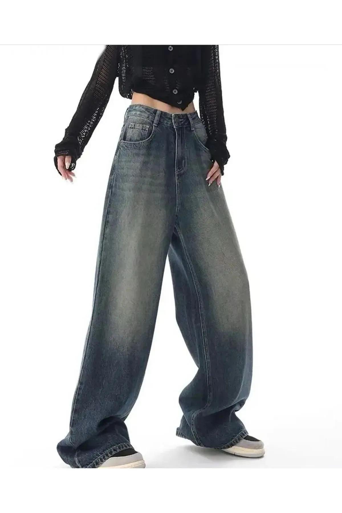 Y2K VINTAGE YÜKSEK BEL HARAJUKU GEVŞEK KOT PANTOLON KORE MODA