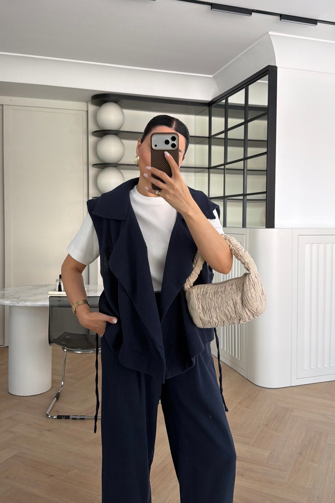  KETEN KRUVAZE KESİM YELEK PANTOLON TAKIM LACİVERT 