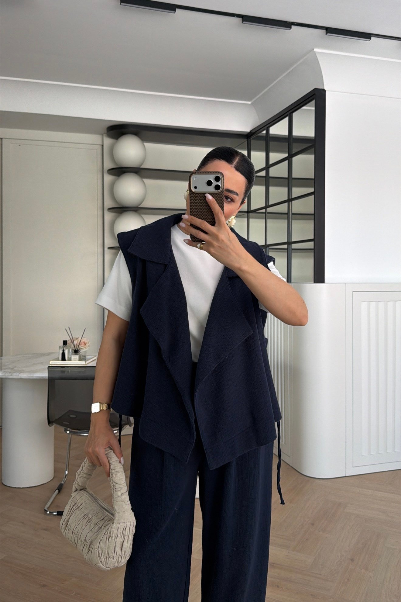  KETEN KRUVAZE KESİM YELEK PANTOLON TAKIM LACİVERT 