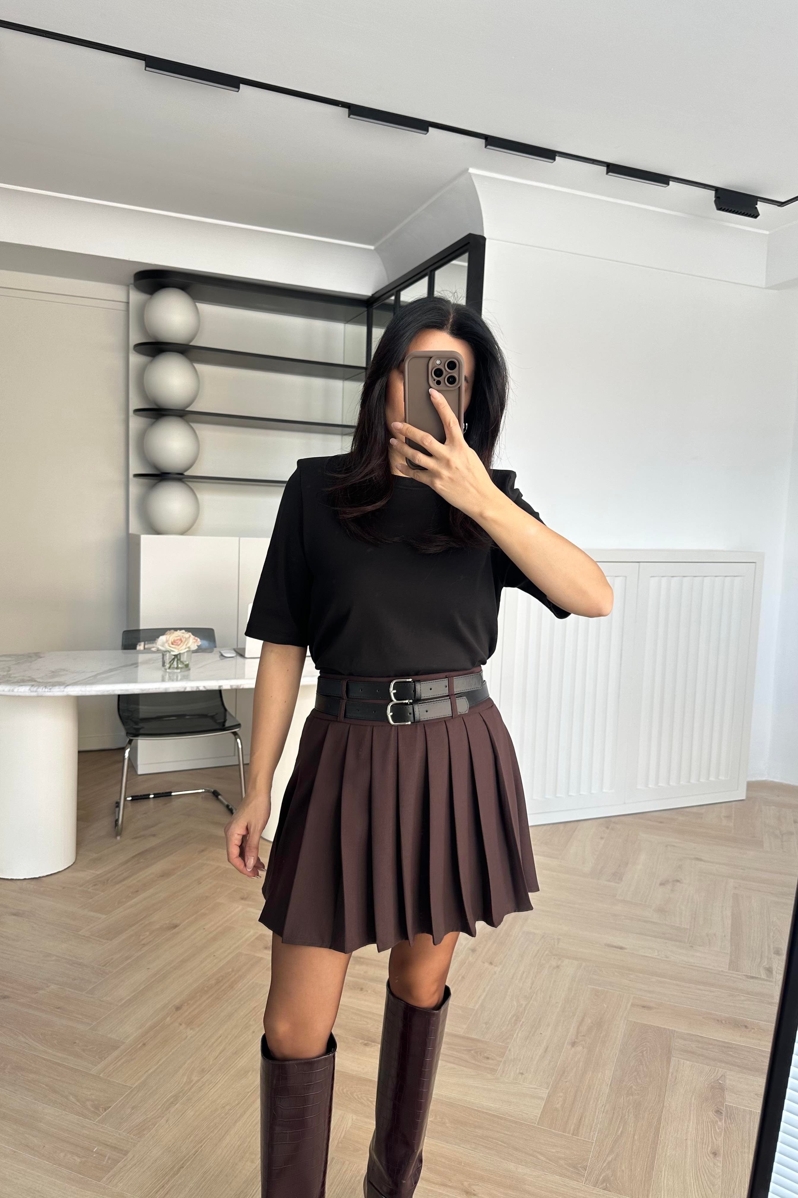 Acı Kahve Çift Kemerli Pileli Etek