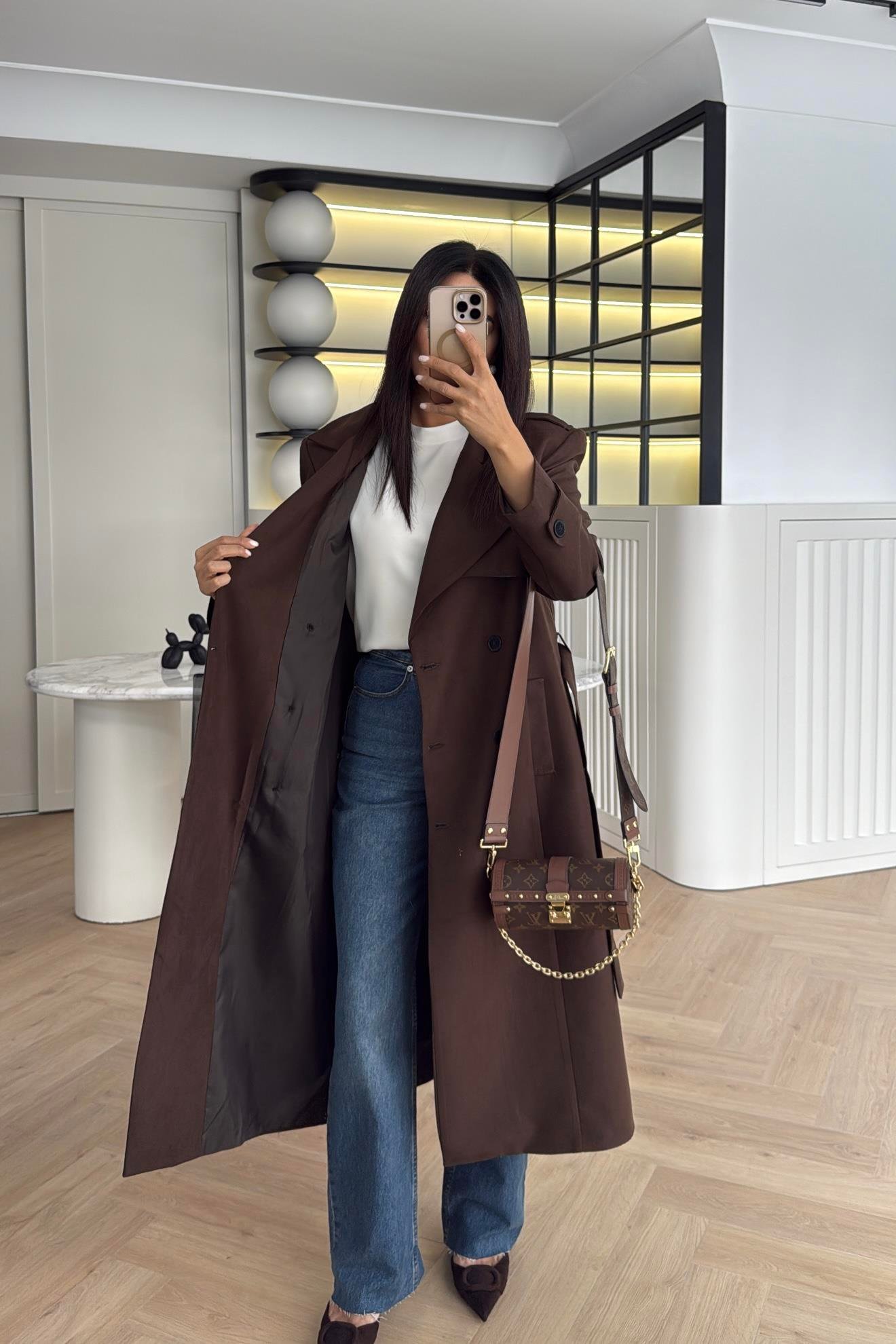 ACI KAHVE DÜĞMELİ KEMERLİ SÜET TRENÇKOT