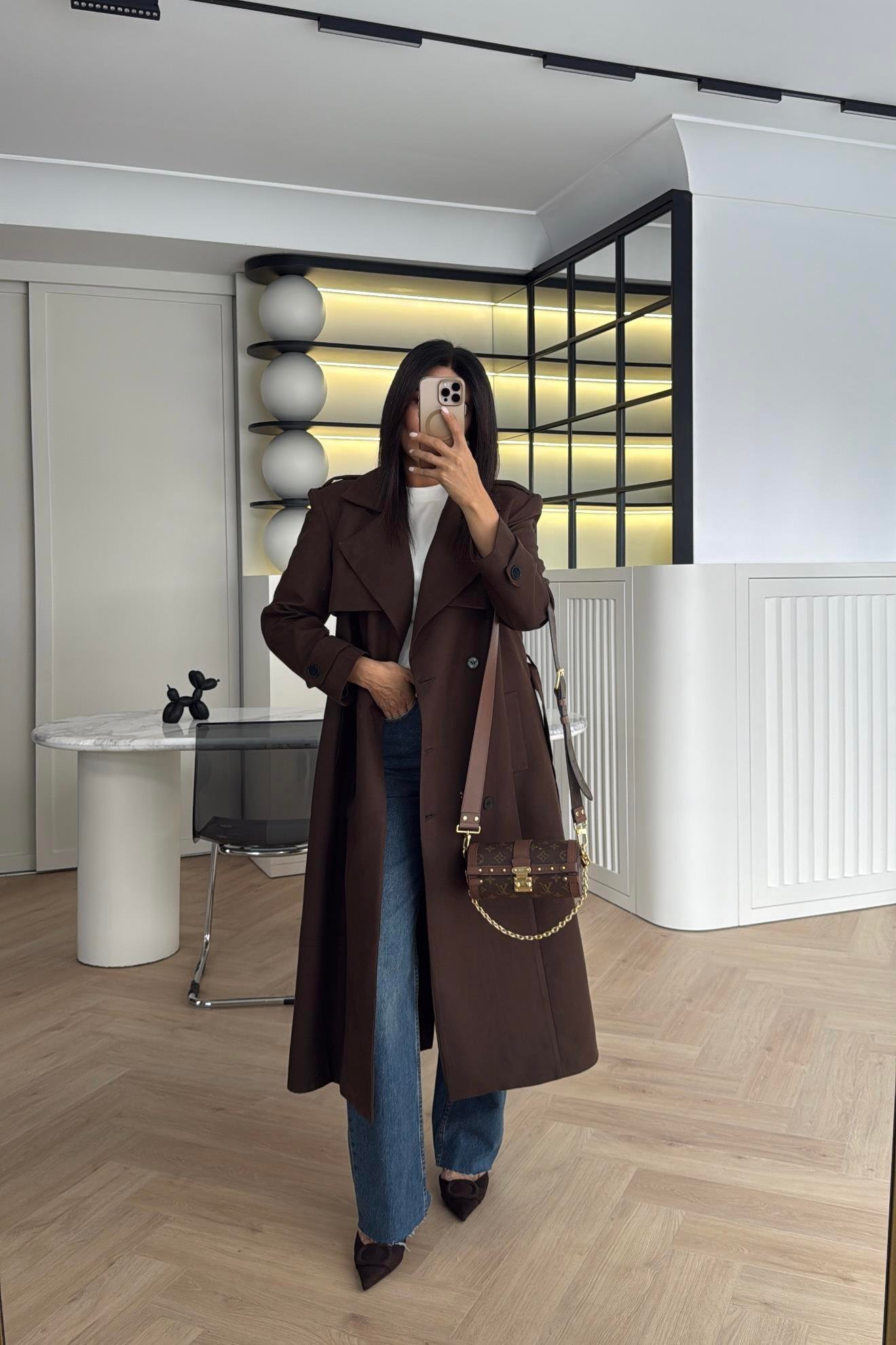 ACI KAHVE DÜĞMELİ KEMERLİ SÜET TRENÇKOT