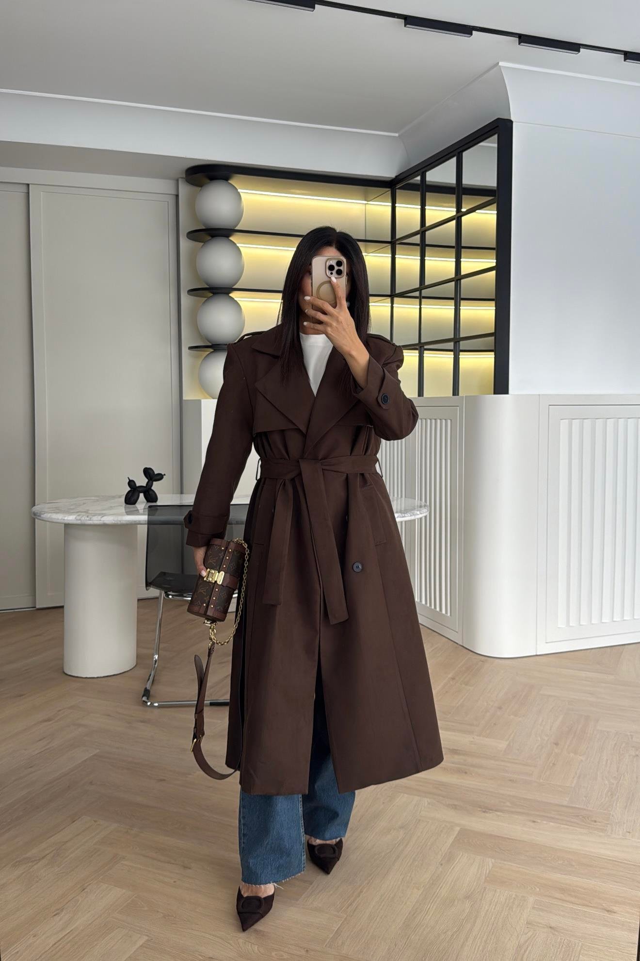 ACI KAHVE DÜĞMELİ KEMERLİ SÜET TRENÇKOT