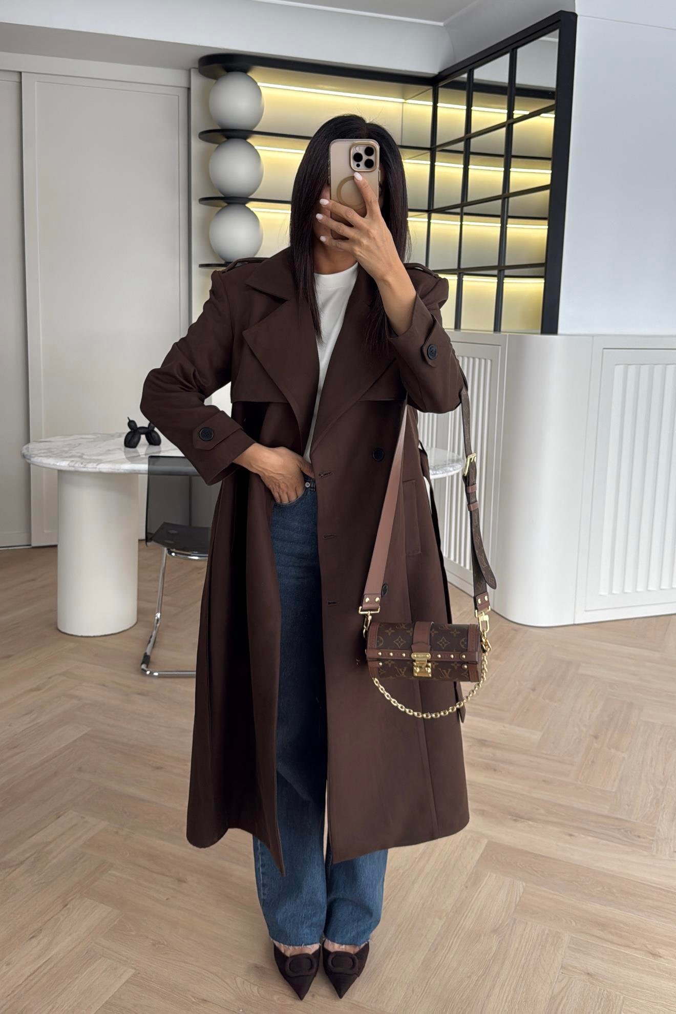 ACI KAHVE DÜĞMELİ KEMERLİ SÜET TRENÇKOT