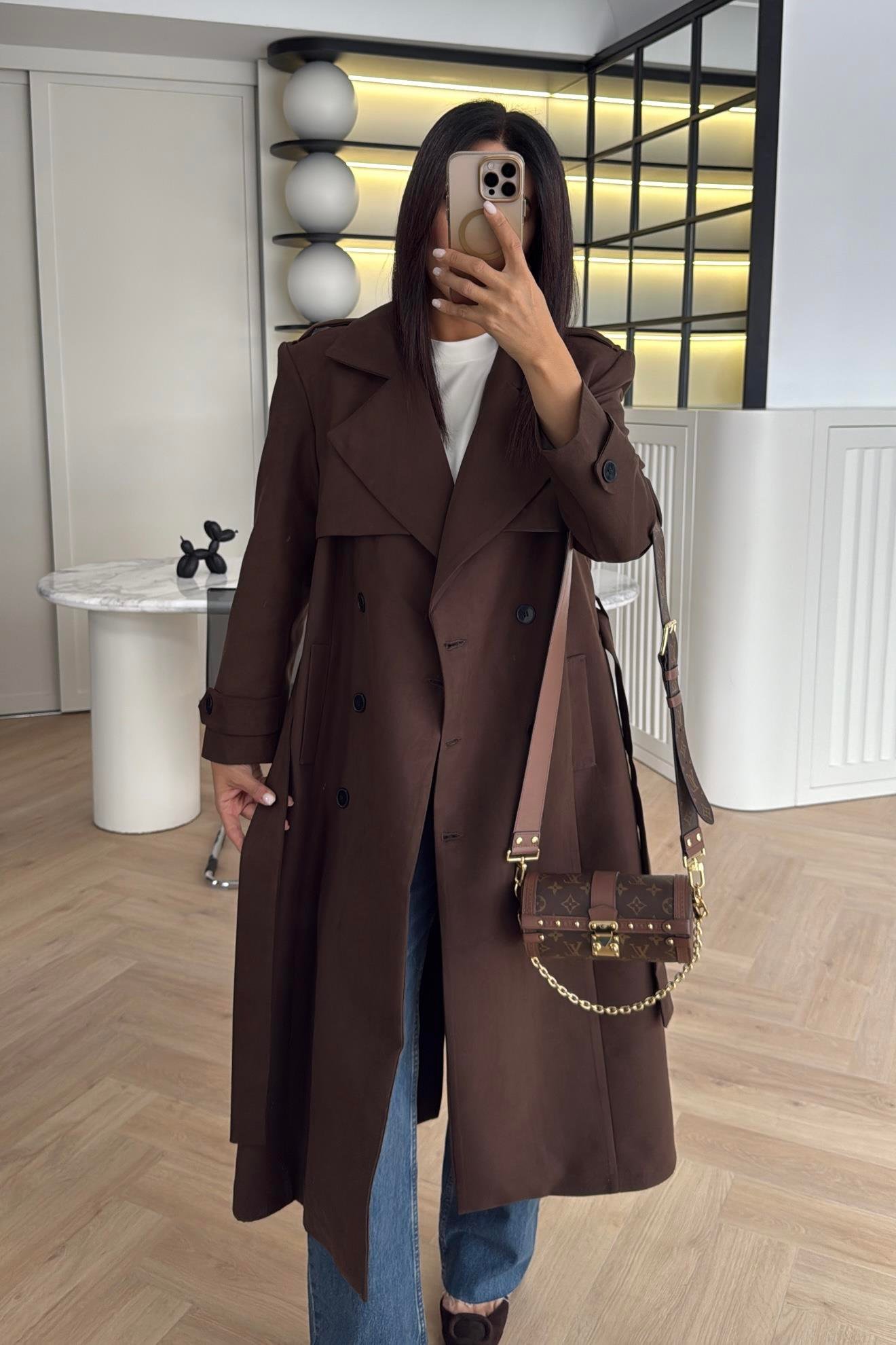 ACI KAHVE DÜĞMELİ KEMERLİ SÜET TRENÇKOT