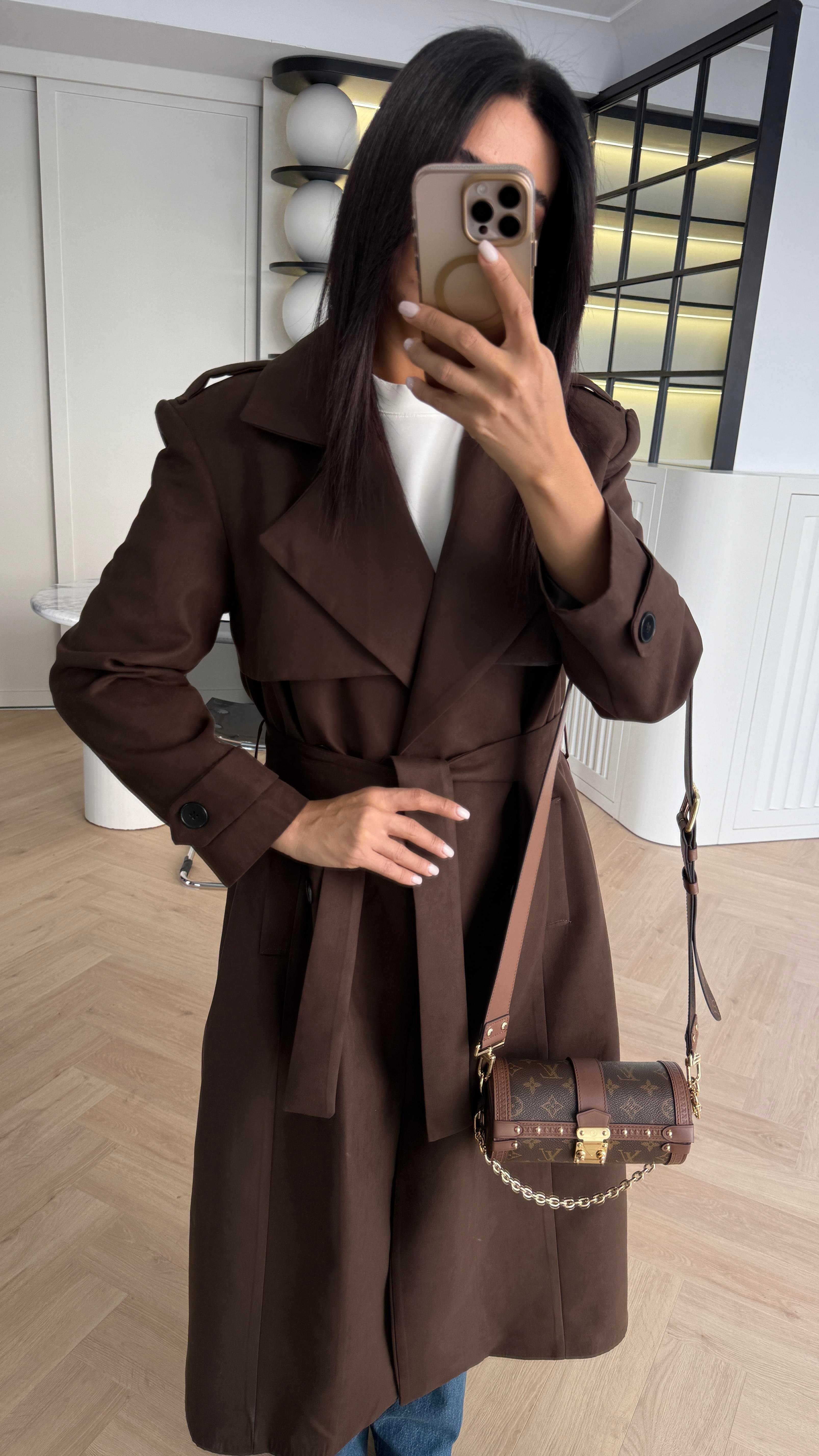 ACI KAHVE DÜĞMELİ KEMERLİ SÜET TRENÇKOT