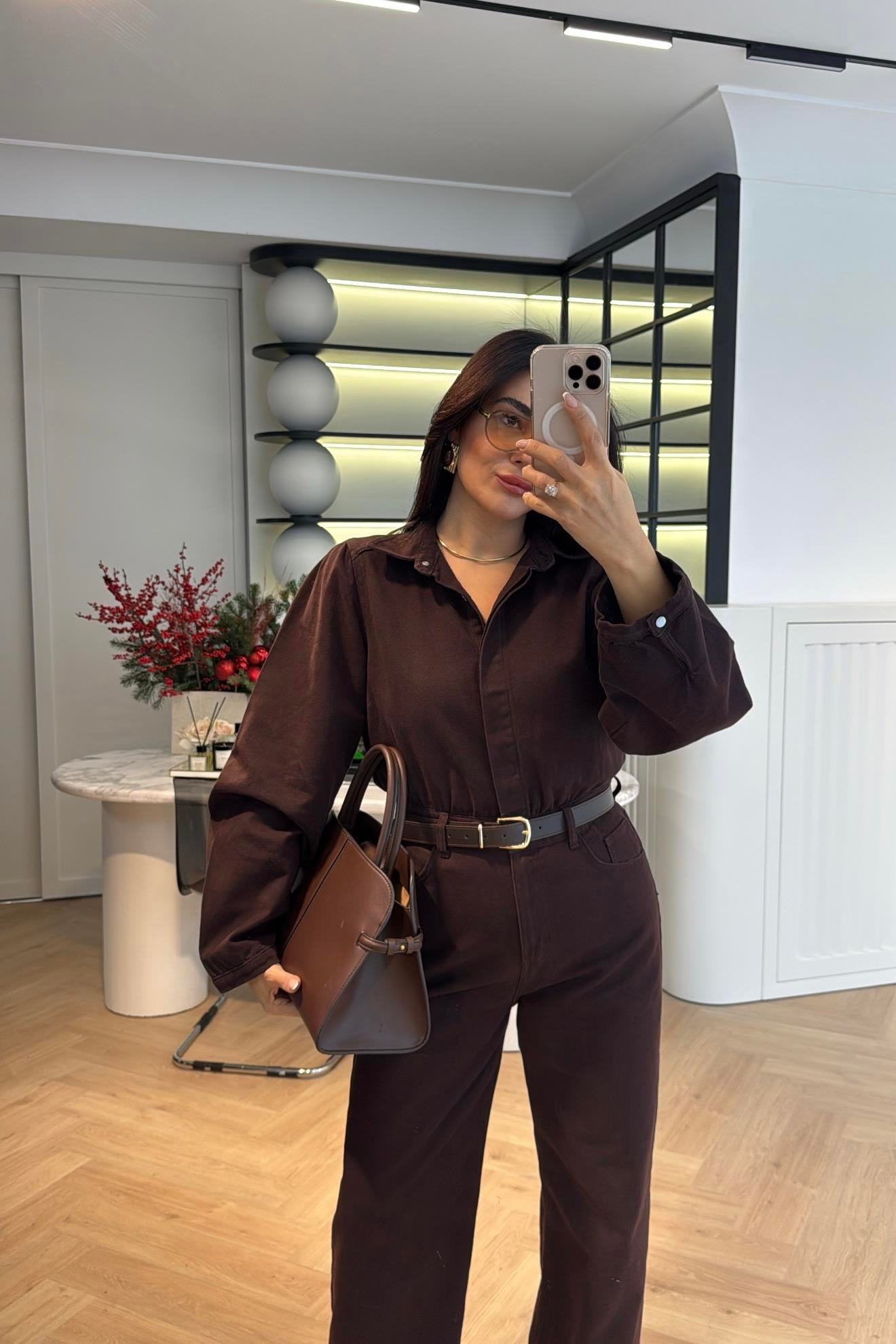 ACI KAHVE KEMER DETAYLI DENİM TULUM