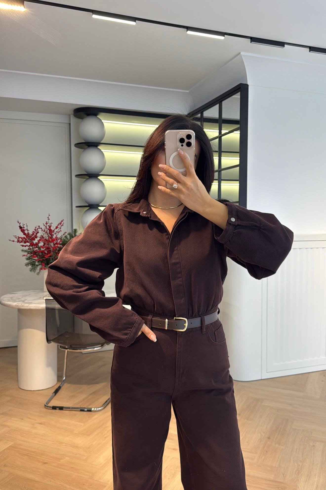 ACI KAHVE KEMER DETAYLI DENİM TULUM