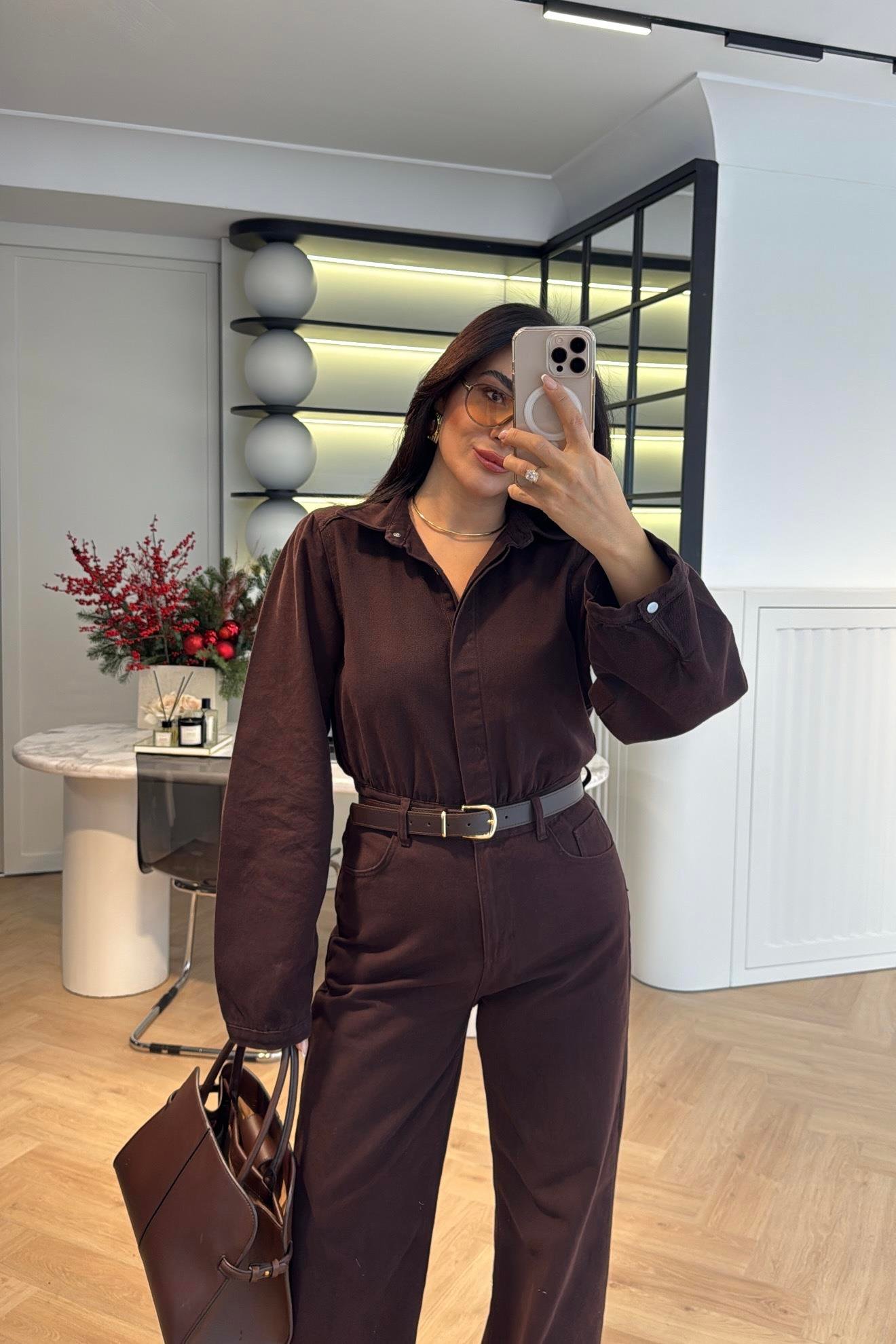 ACI KAHVE KEMER DETAYLI DENİM TULUM