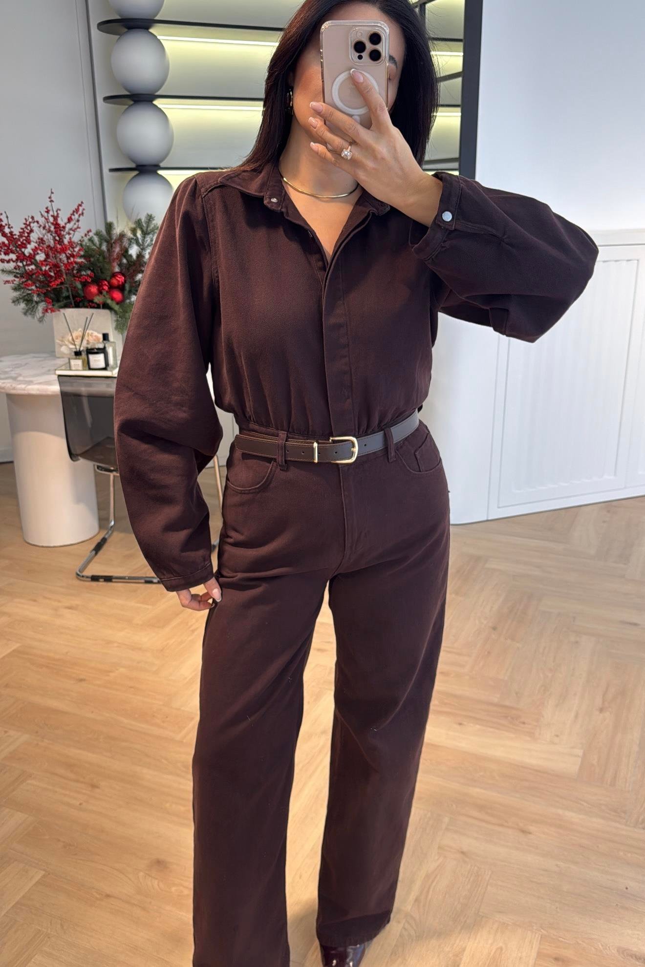 ACI KAHVE KEMER DETAYLI DENİM TULUM