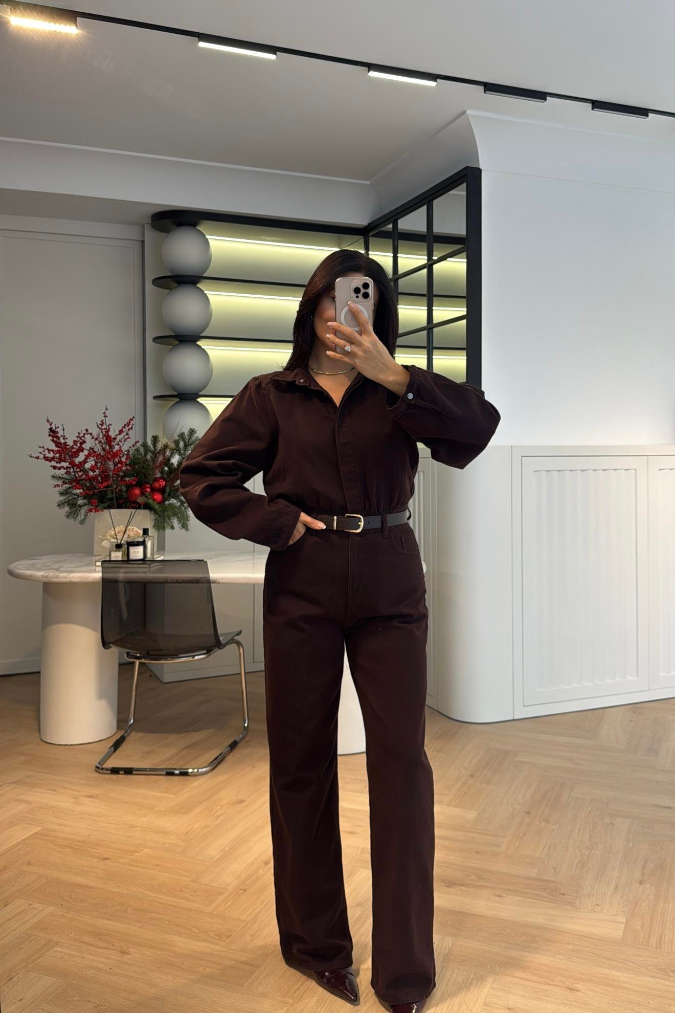 ACI KAHVE KEMER DETAYLI DENİM TULUM