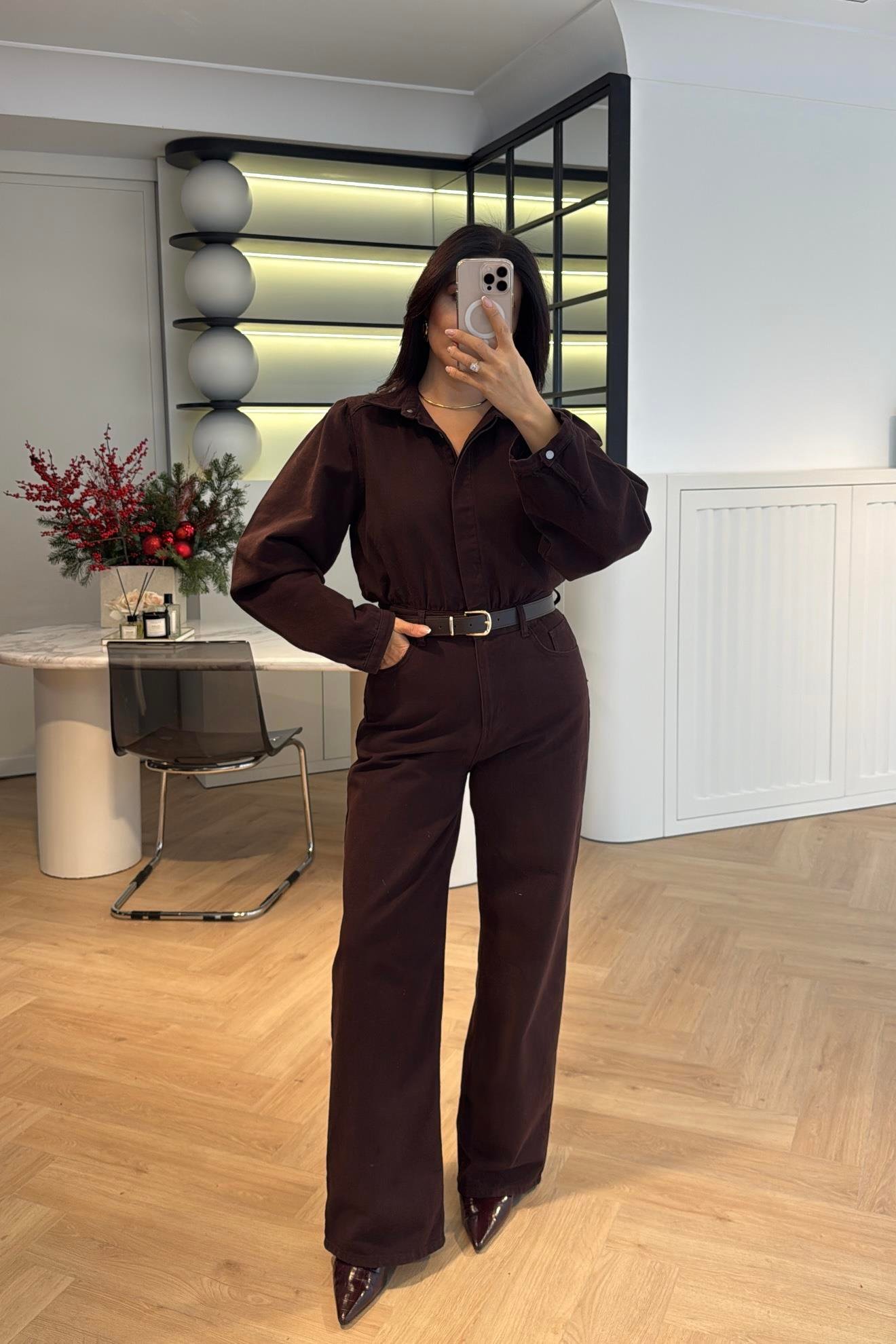 ACI KAHVE KEMER DETAYLI DENİM TULUM