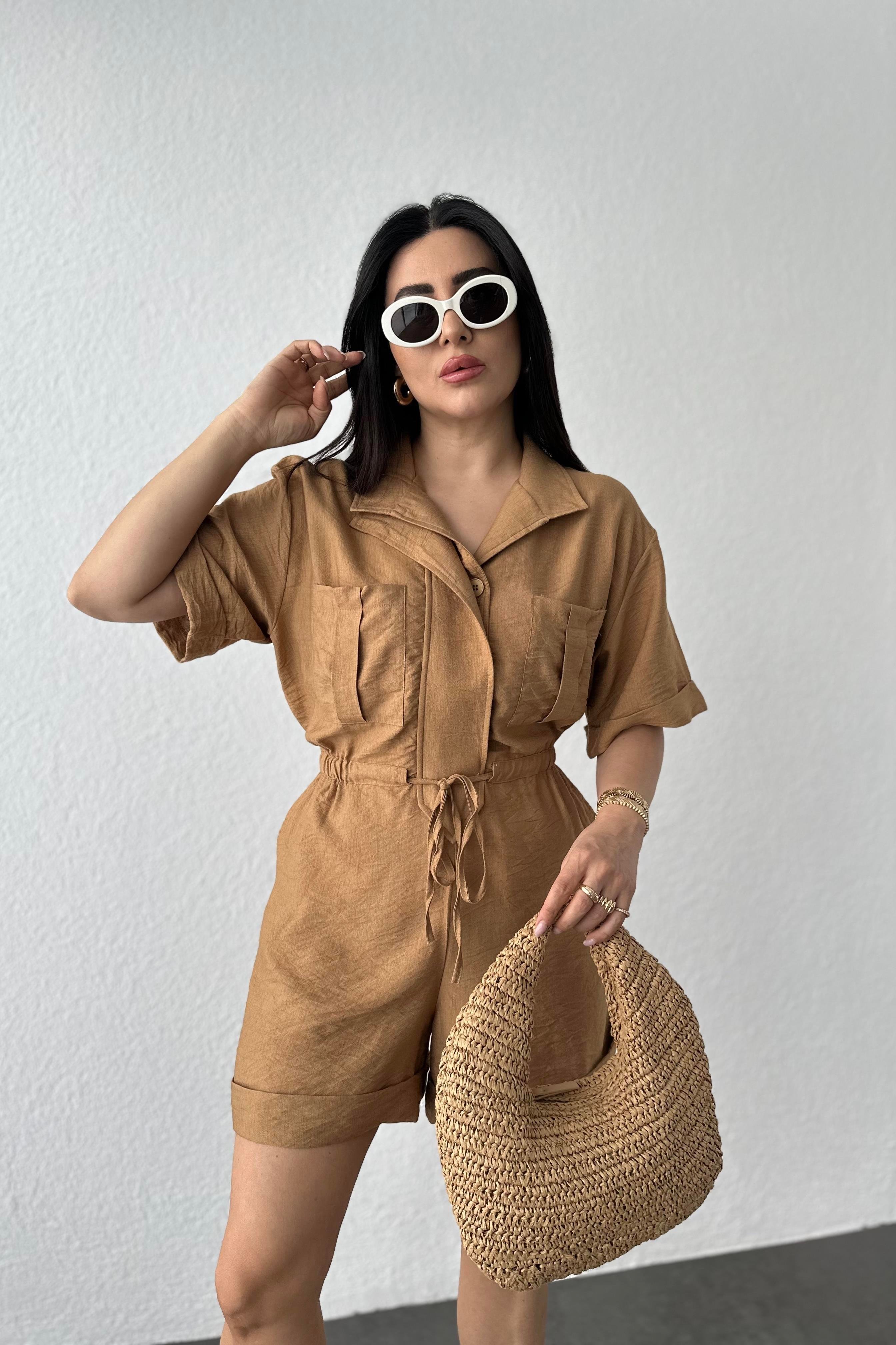 Aerobin Kumaş Beli Lastikli Şehir Boy Rahat Kalıp Tulum