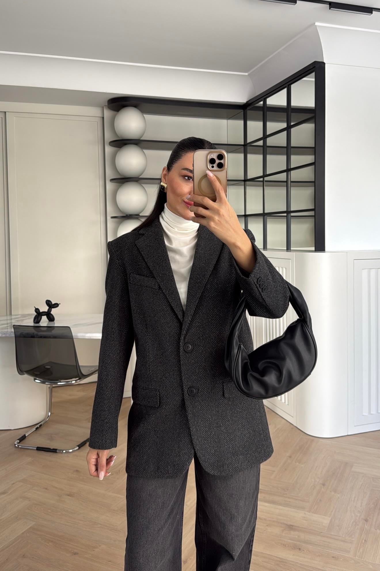 ANTRASİT BALIKSIRTI ASTARLI BLAZER CEKET 