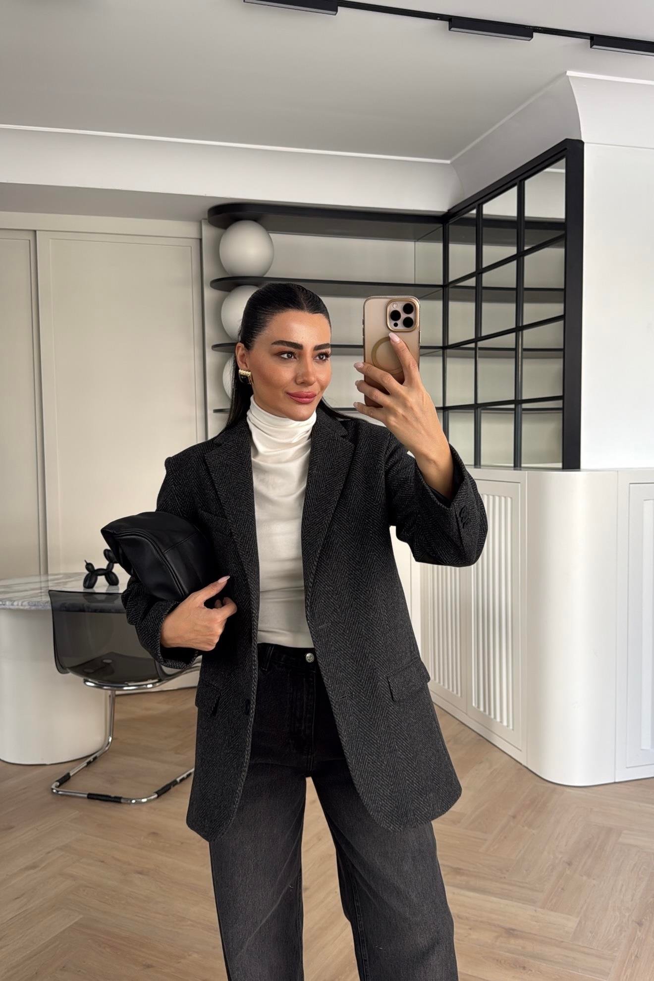 ANTRASİT BALIKSIRTI ASTARLI BLAZER CEKET 