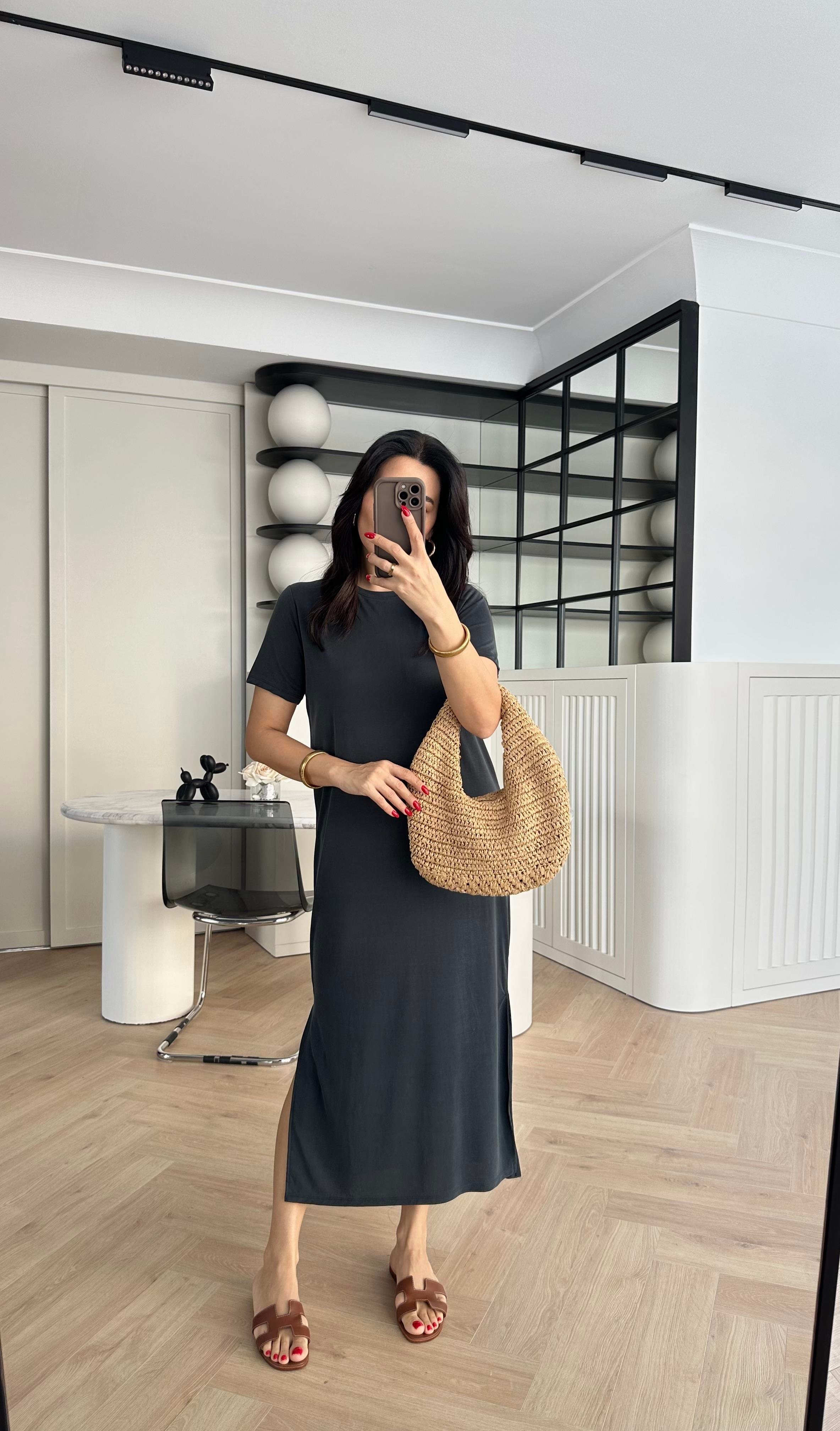 Antrasit Modal Kumaş Yırtmaçlı Basic Elbise