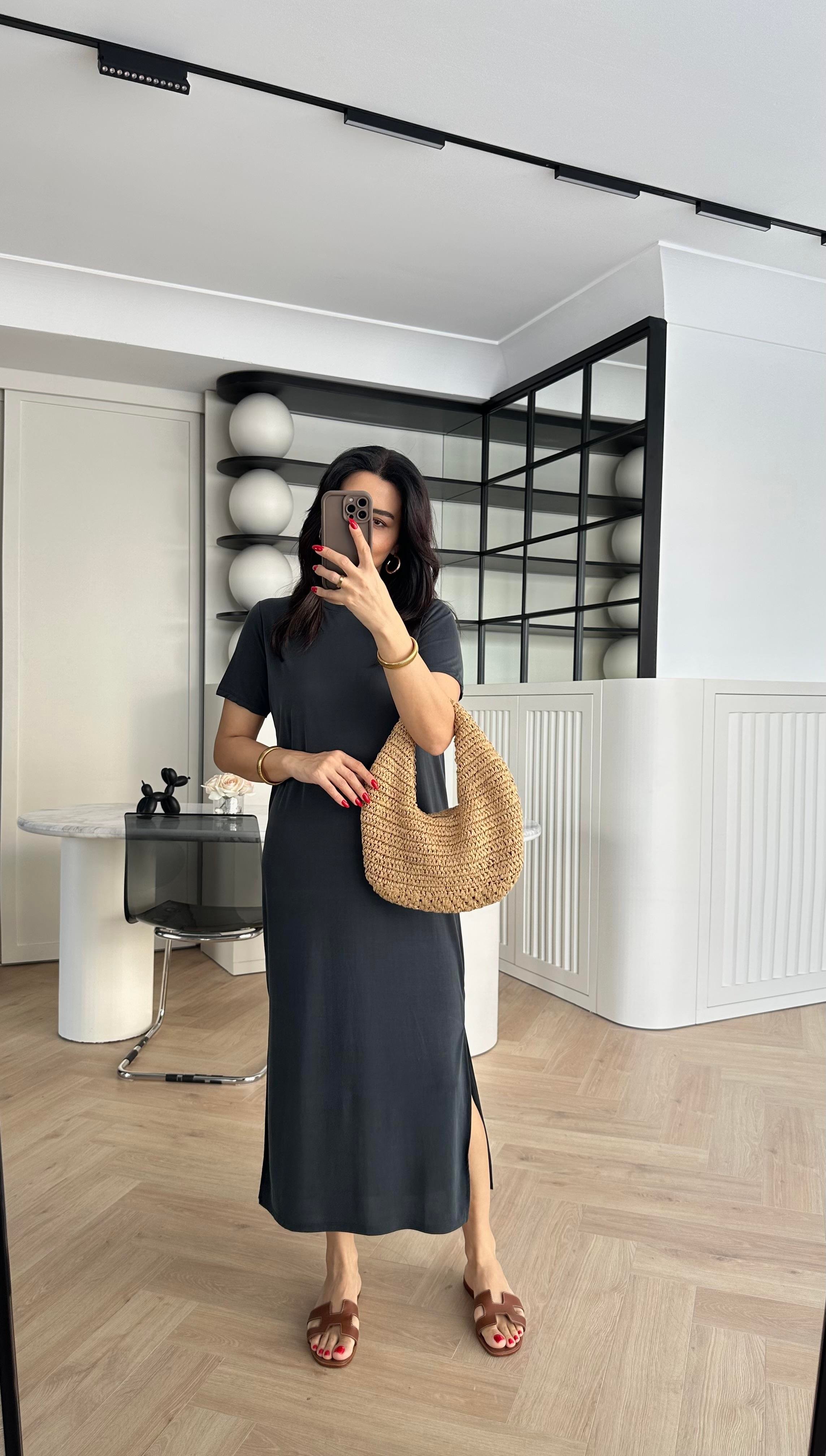 Antrasit Modal Kumaş Yırtmaçlı Basic Elbise