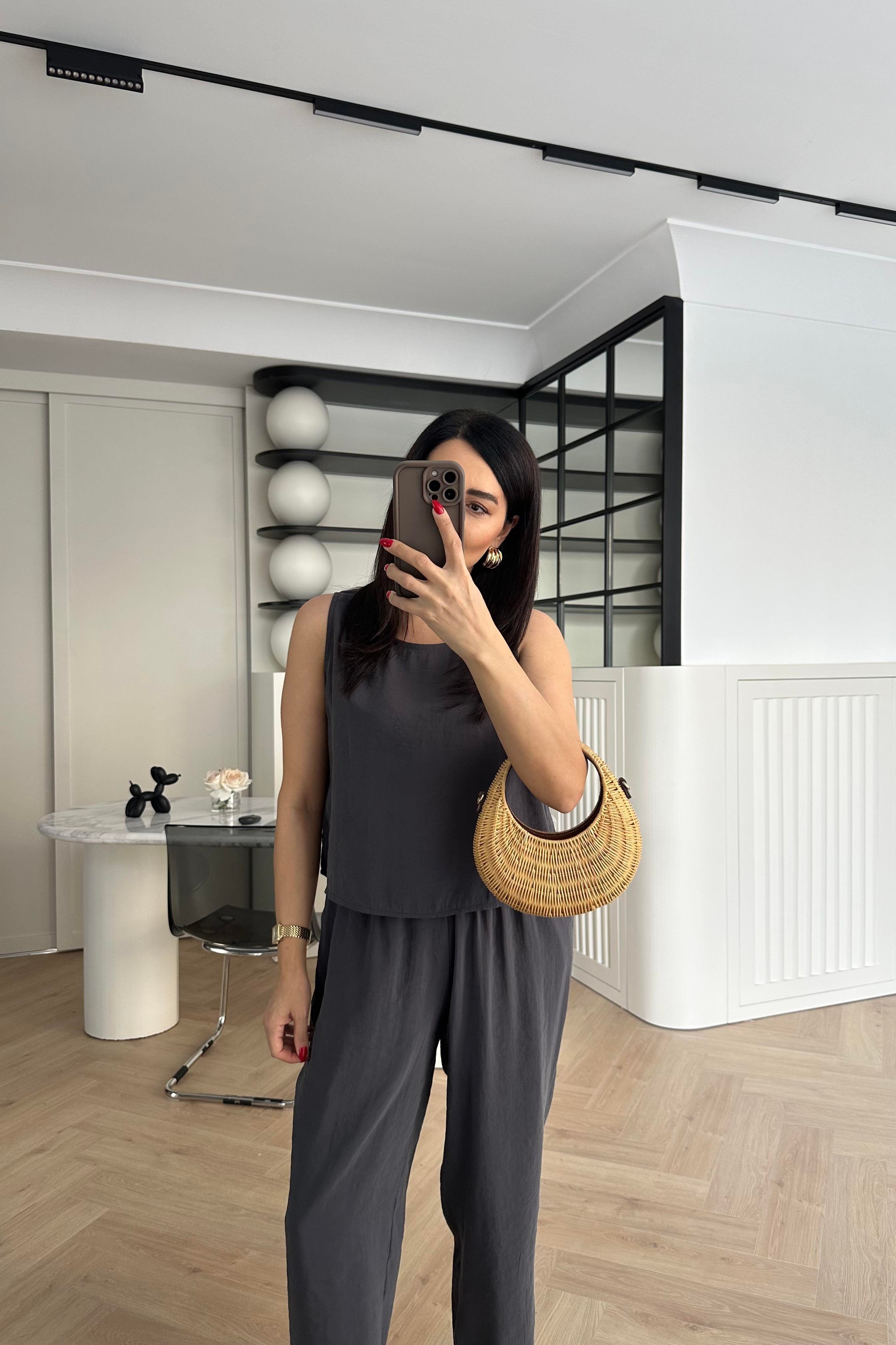 Antrasit Tensel Kumaş Kolsuz Bluz Pantolon Takım