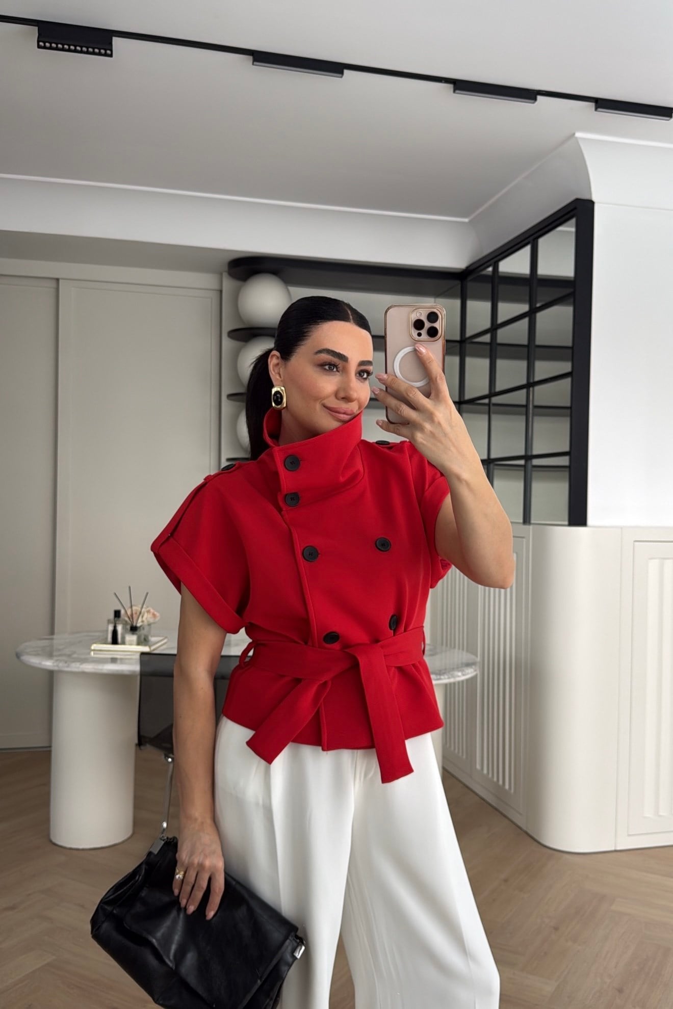 APOLETLİ DÜĞME DETAYLI DİK YAKA YELEK KIRMIZI 