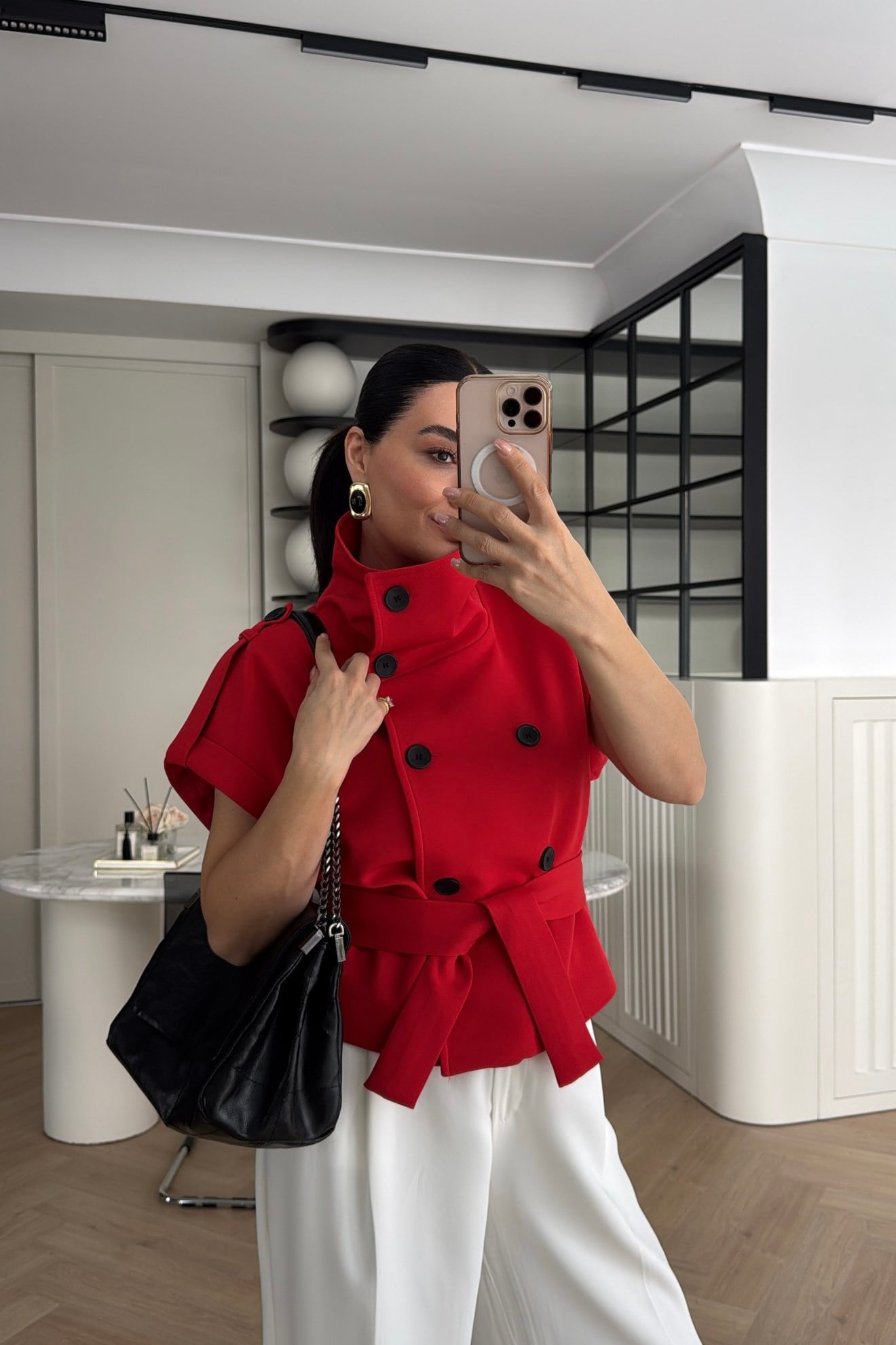 APOLETLİ DÜĞME DETAYLI DİK YAKA YELEK KIRMIZI 