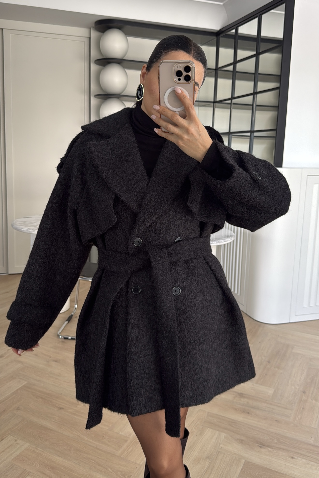 ARKASI RÜZGARLIKLI ÖZEL DOKULU PREMİUM KABAN SİYAH 