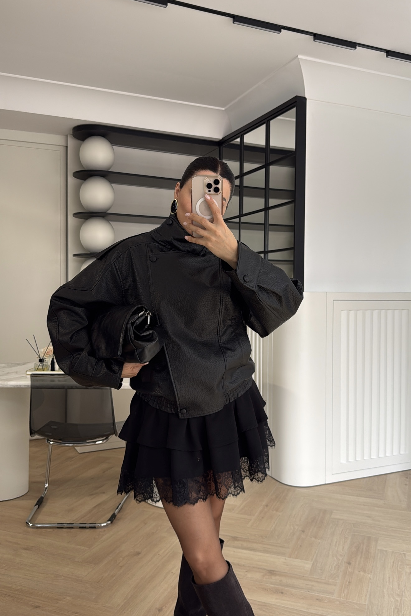 ASİMETRİK KESİM DERİ BOMBER CEKET SİYAH