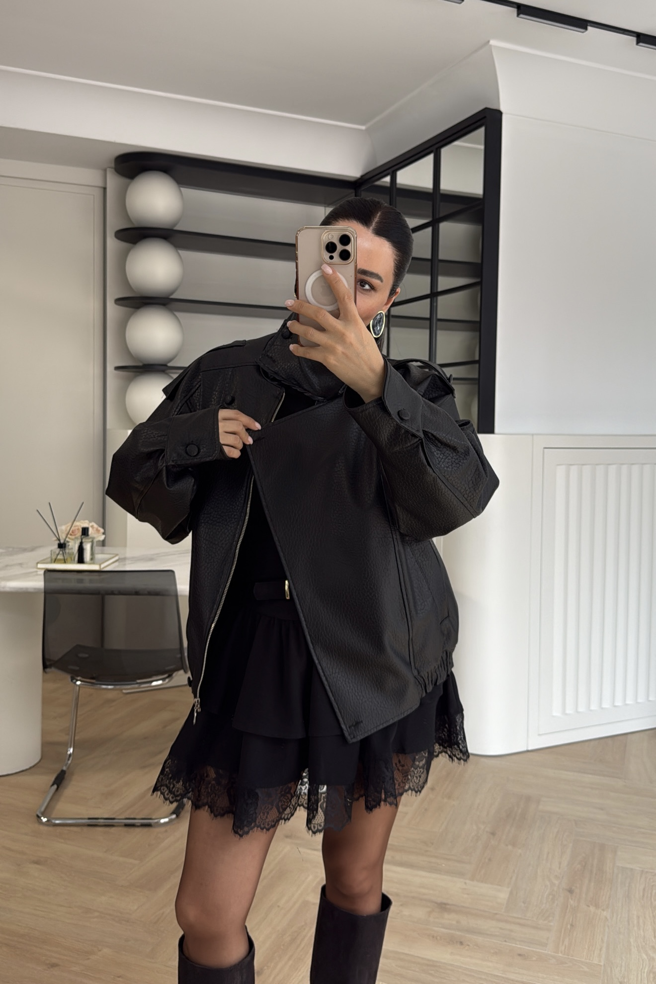 ASİMETRİK KESİM DERİ BOMBER CEKET SİYAH