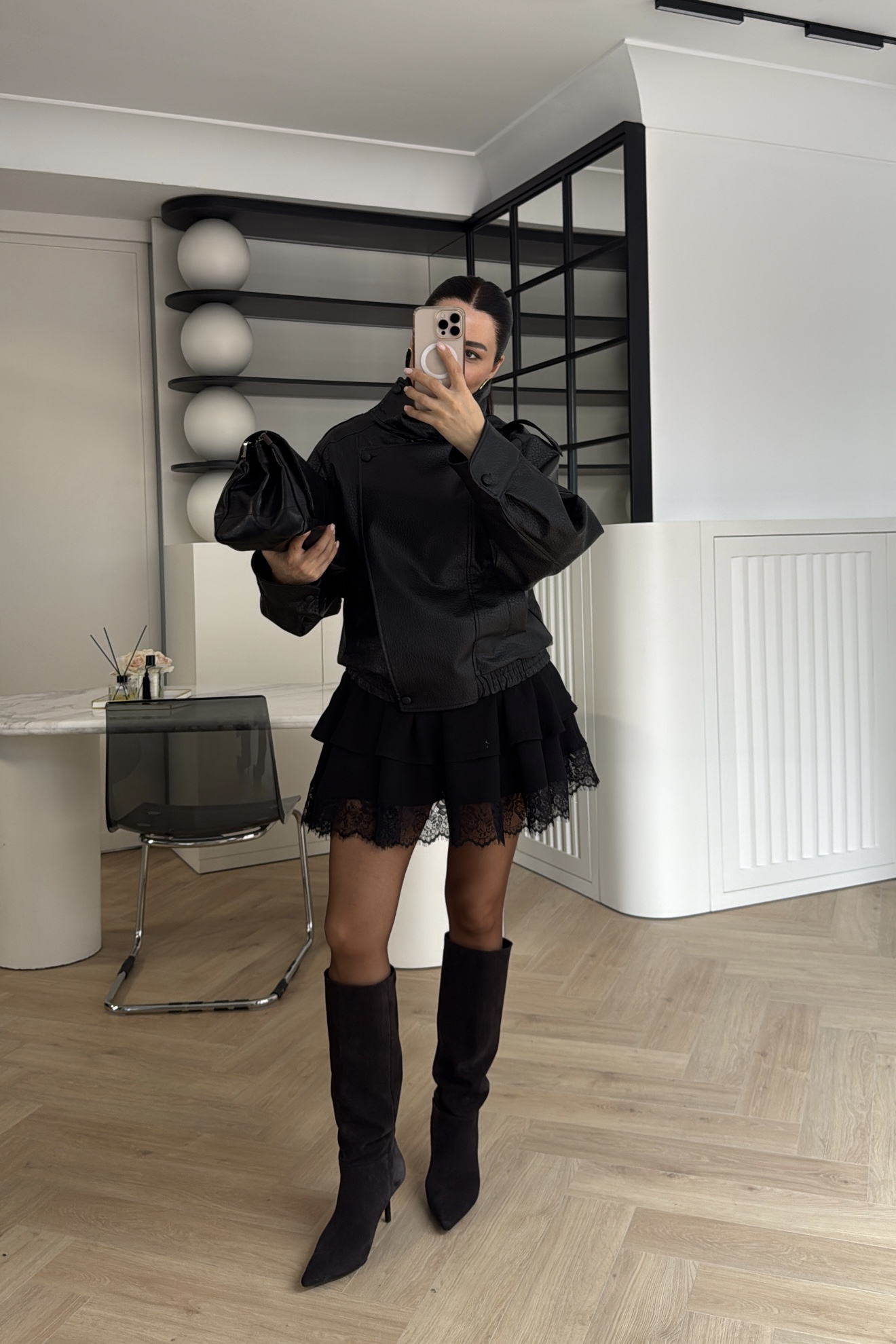 ASİMETRİK KESİM DERİ BOMBER CEKET SİYAH