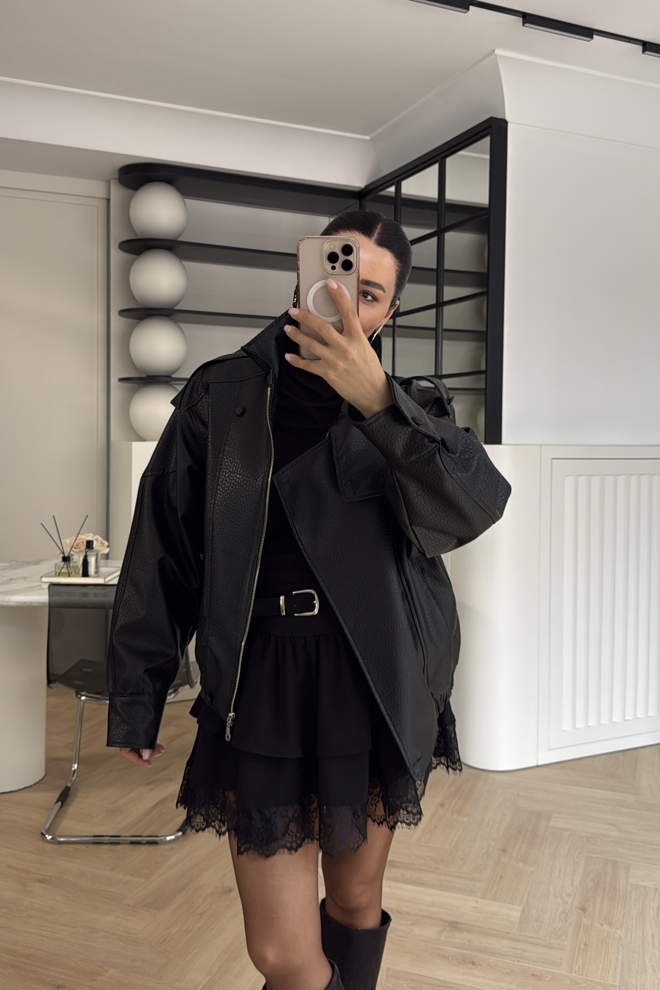 ASİMETRİK KESİM DERİ BOMBER CEKET SİYAH