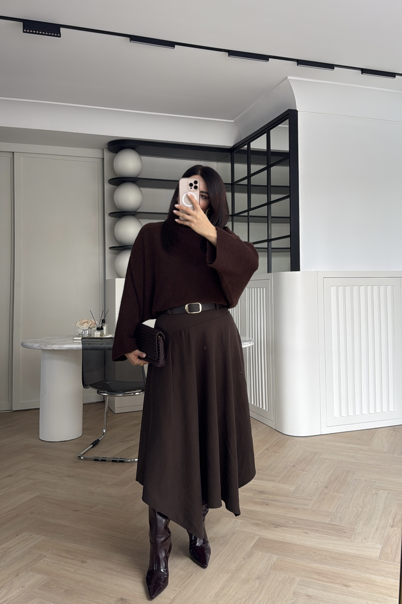 ASİMETRİK KESİM KEMERLİ ETEK KAHVE 