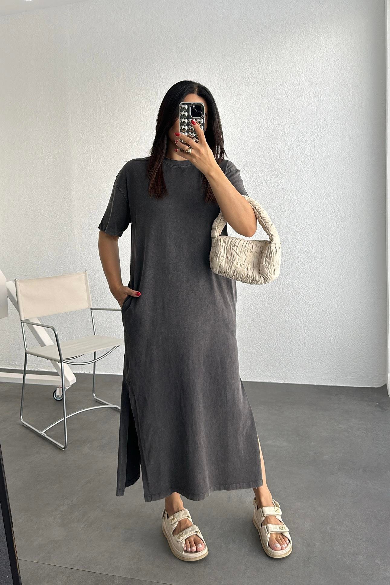 Asit Yıkama Antrasit Cepli Basic Elbise