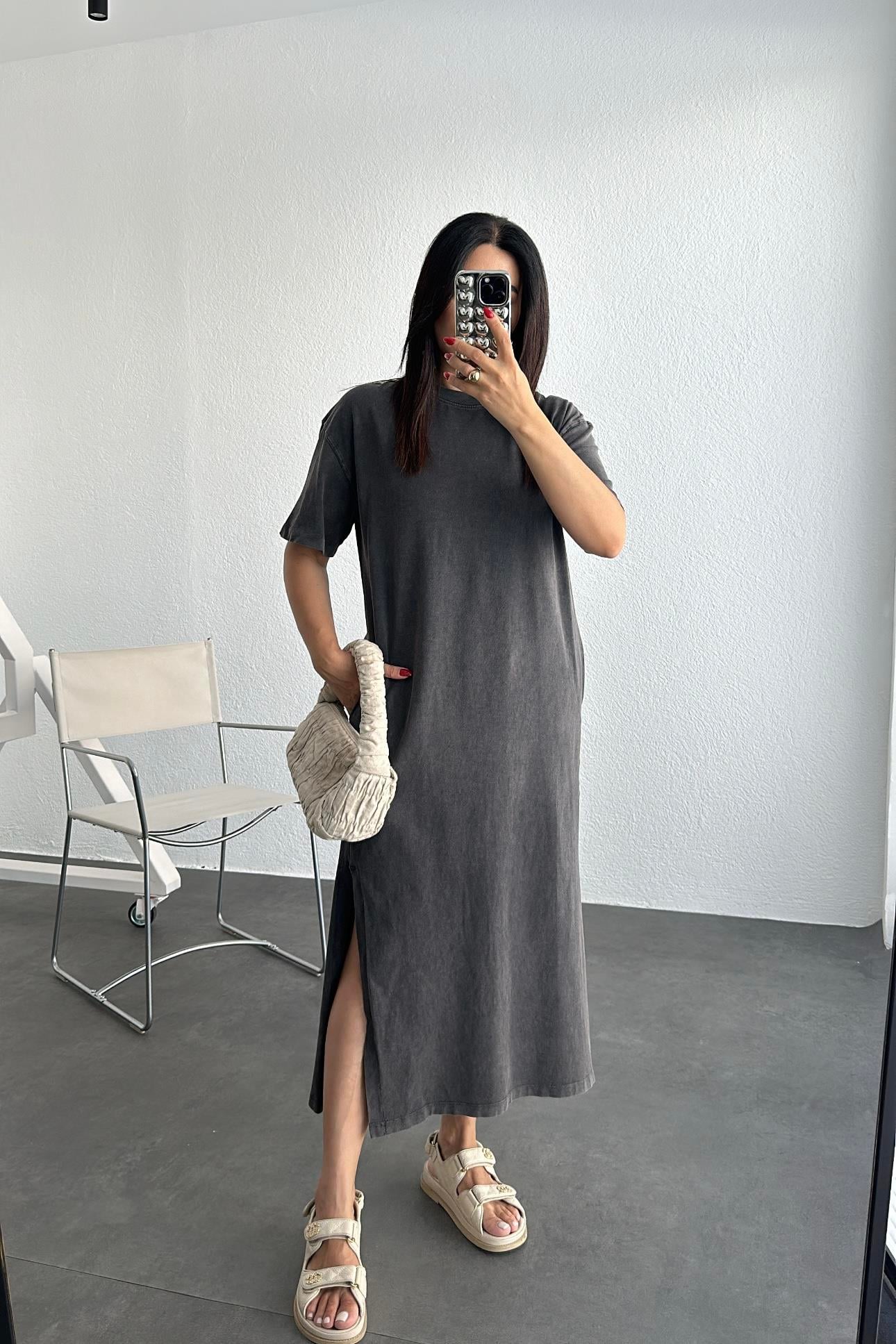 Asit Yıkama Antrasit Cepli Basic Elbise