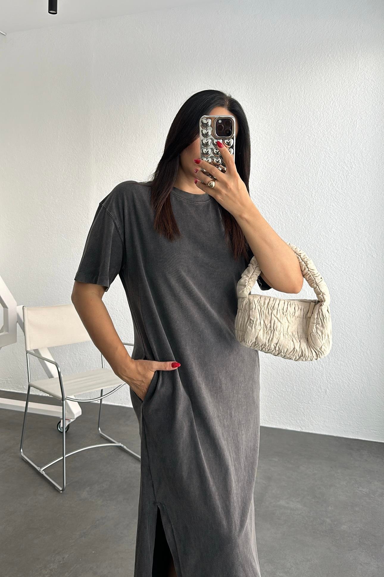 Asit Yıkama Antrasit Cepli Basic Elbise