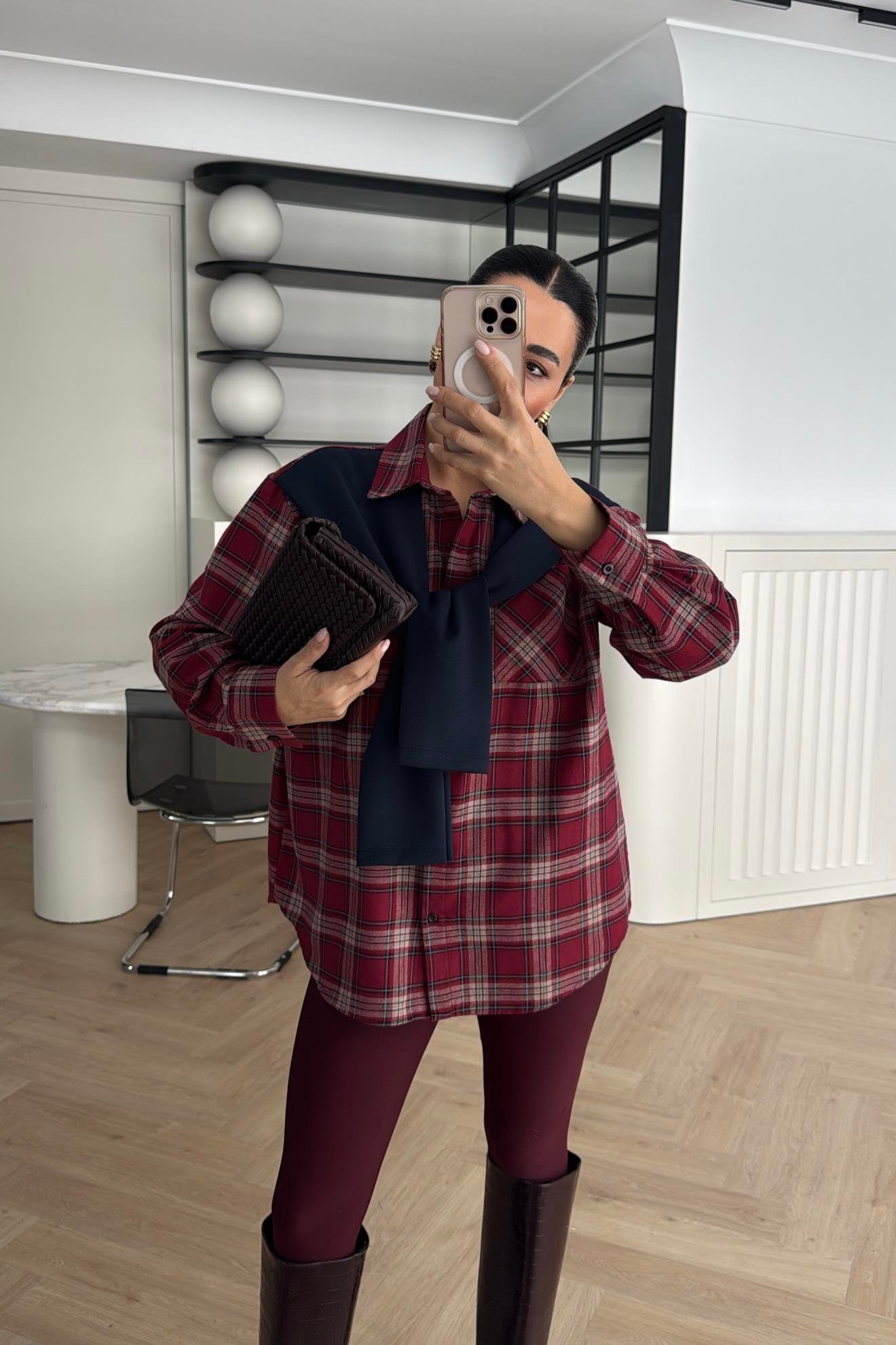 ATKI DETAYLI EKOSE GÖMLEK BORDO 