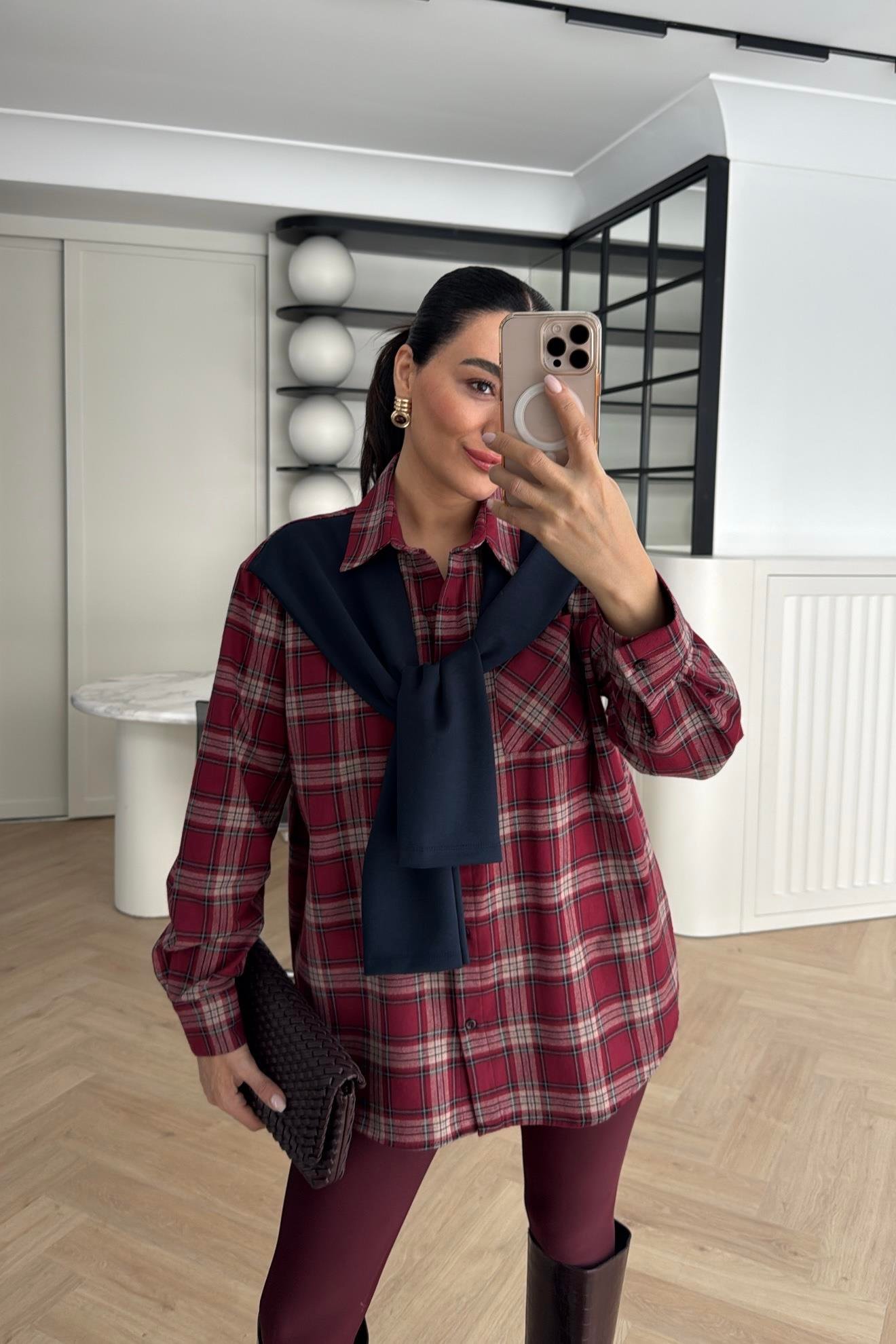 ATKI DETAYLI EKOSE GÖMLEK BORDO 