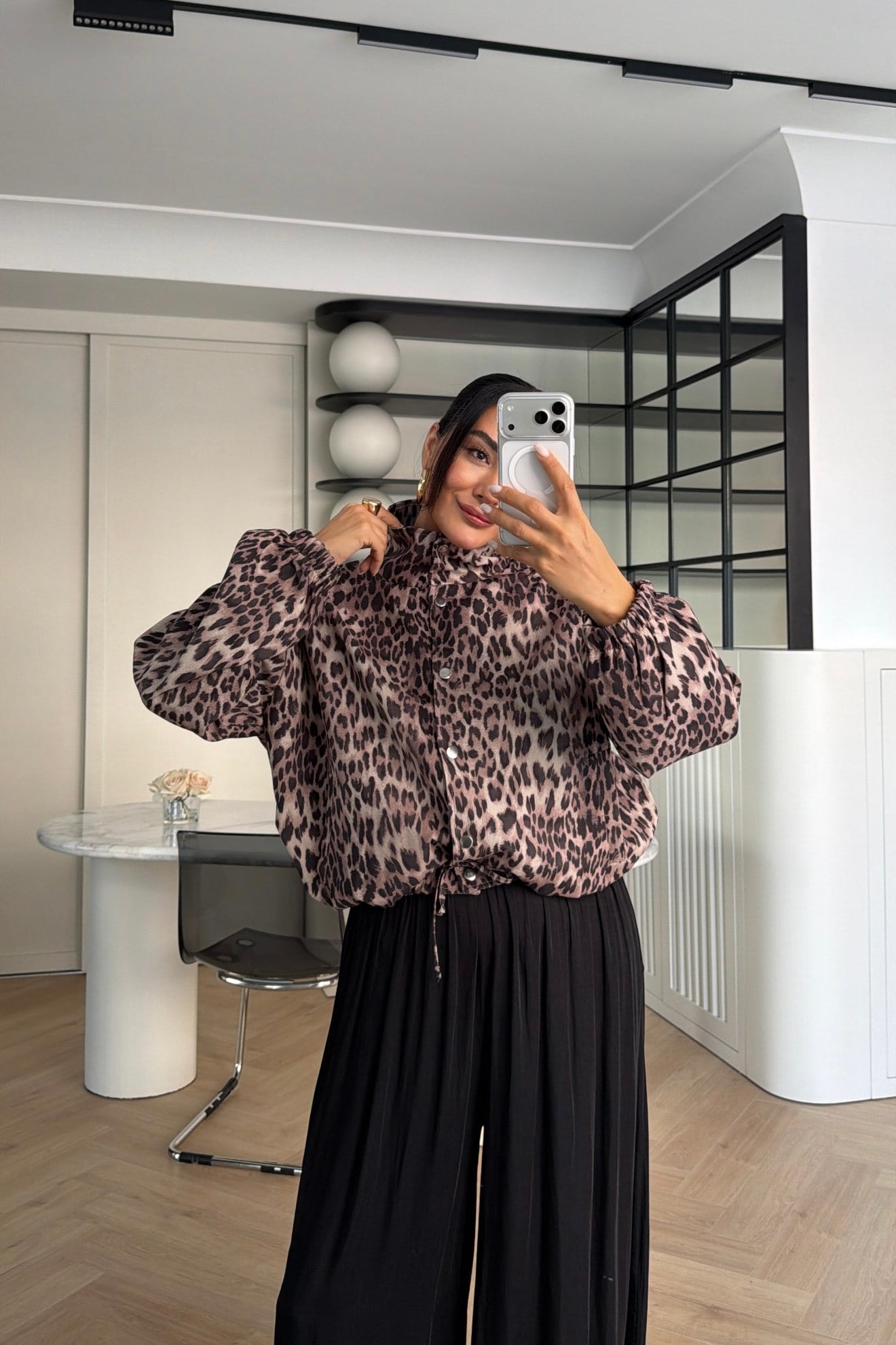 BALON KOL LEOPAR DESENLİ BOMBER CEKET 