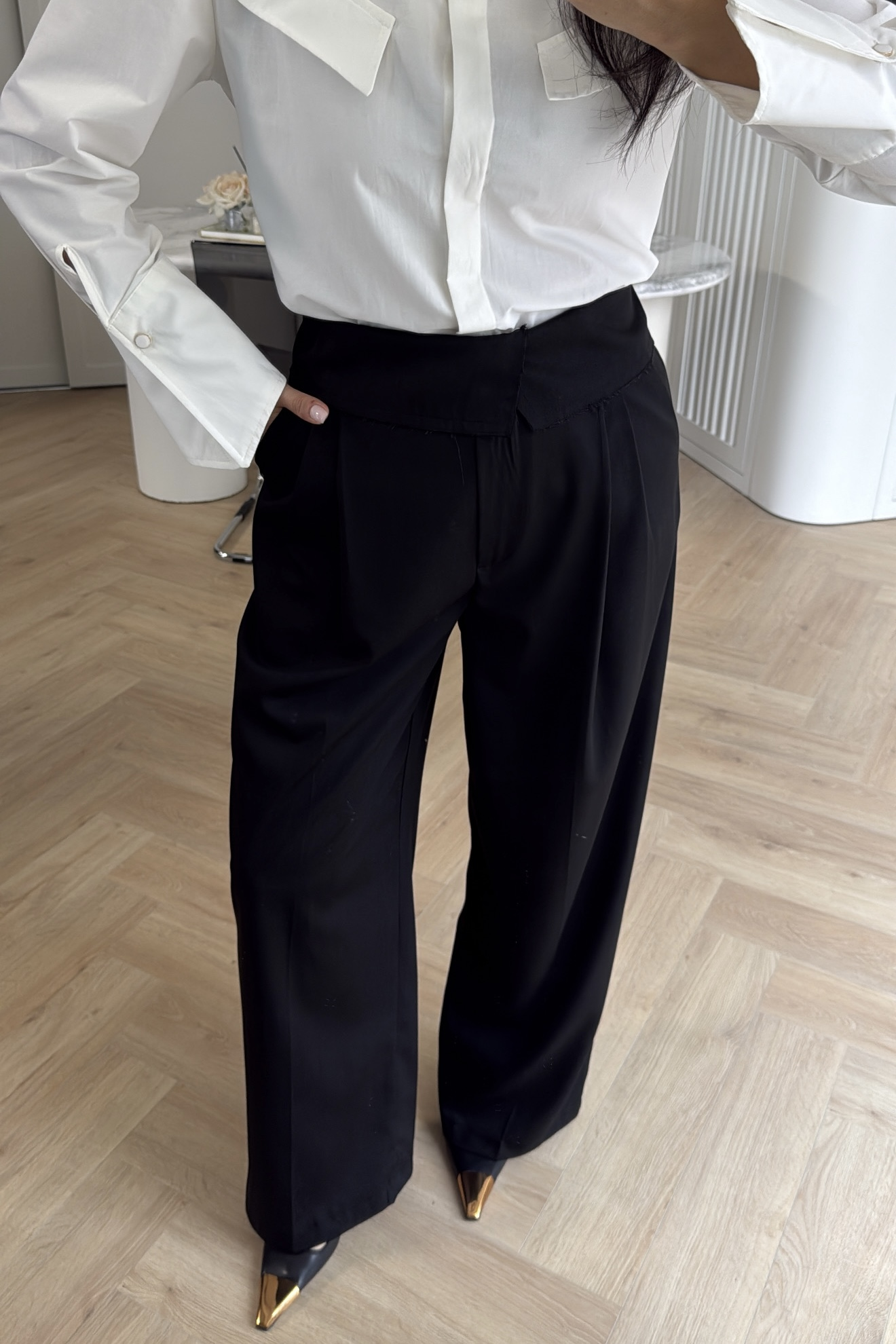 BELİ KATLAMALI PALAZZO PANTOLON SİYAH 