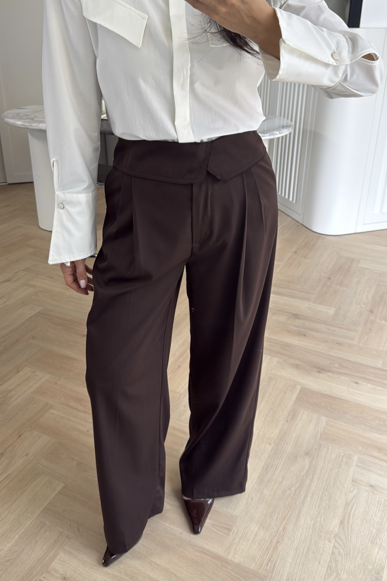 BELİ KATLAMALI PLAZZO PANTOLON KAHVE