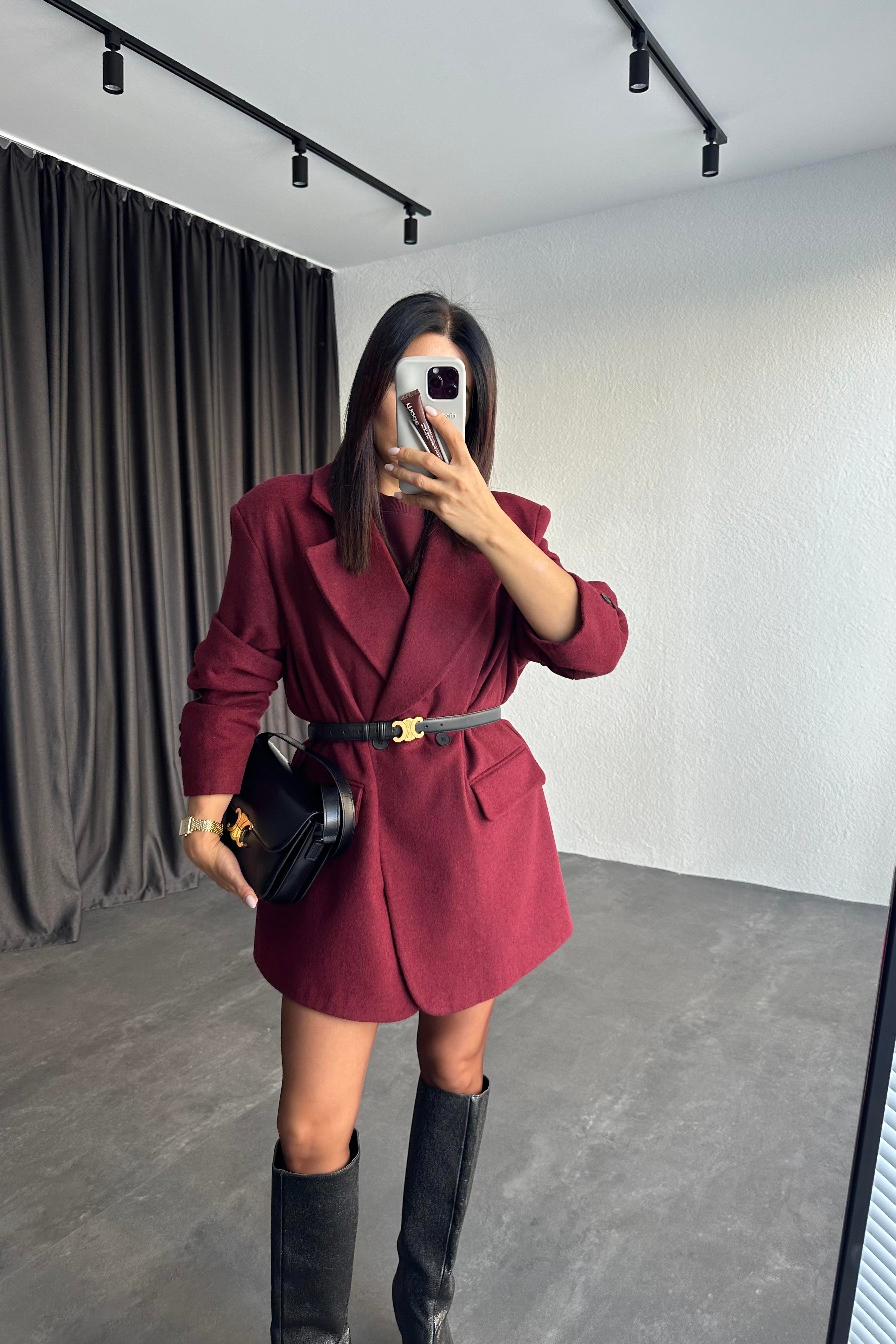 Beli Kemerli Astarlı Oversize Bordo Kaşe Ceket